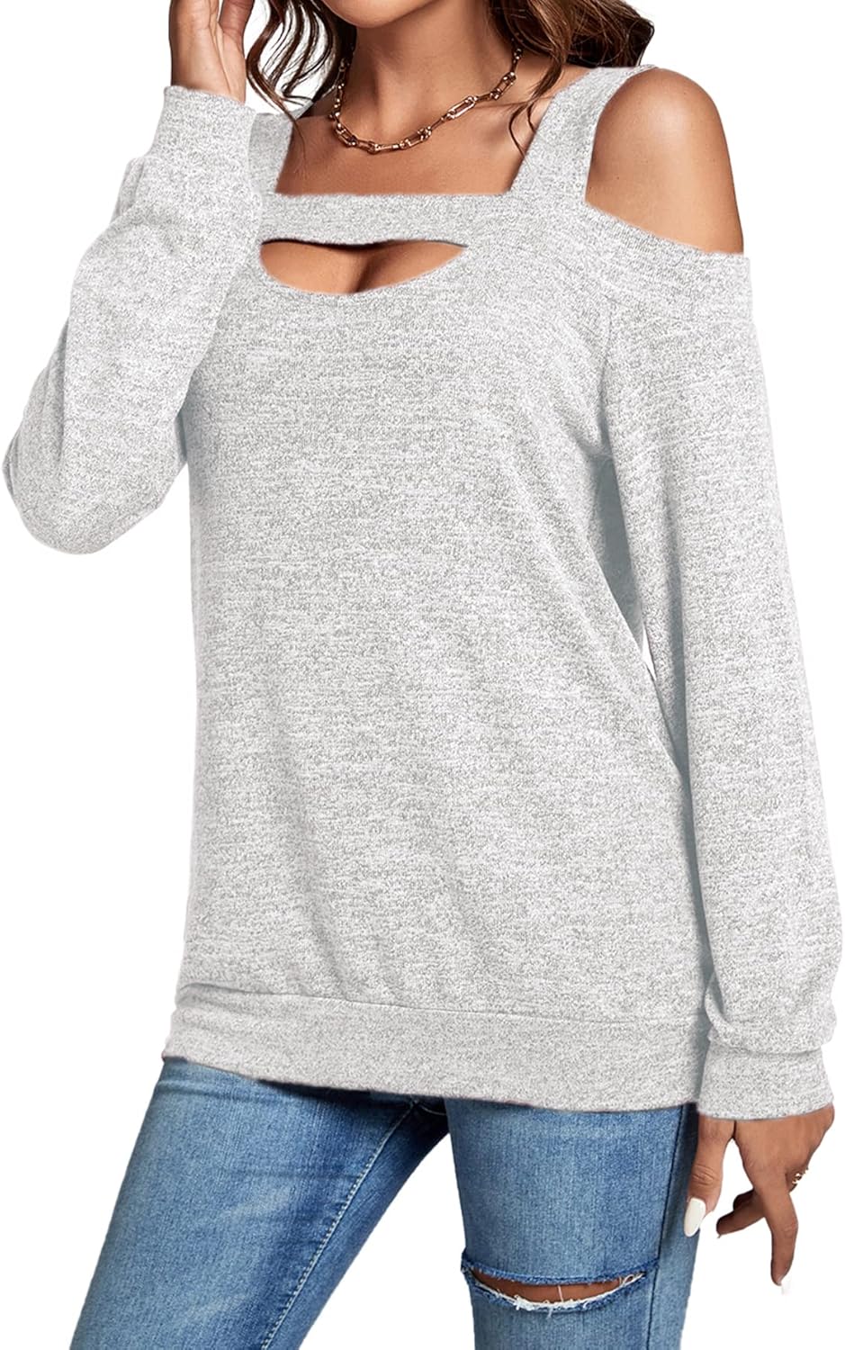 LYANER Women's Casual Cold Shoulder Hollow Out Solid Long Sleeve Blouse Tunic Shirts Top - Image 3