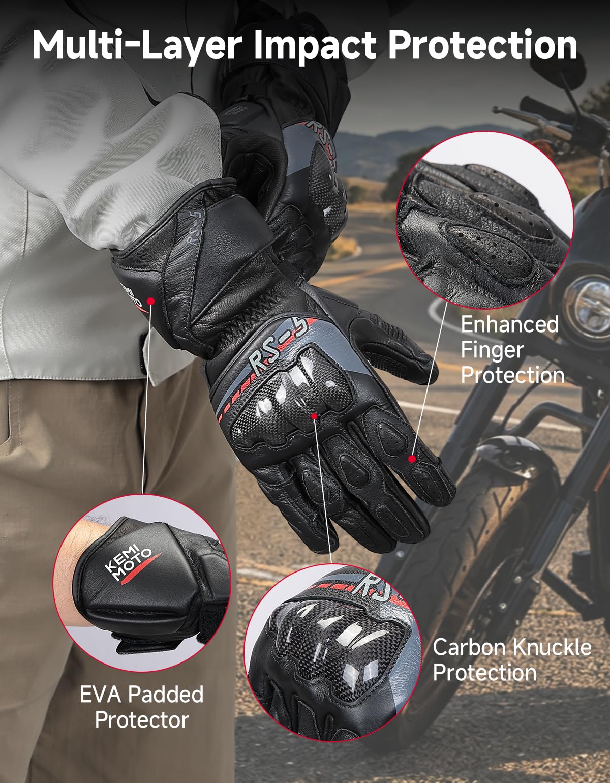 KEMIMOTO Motorradhandschuhe Leder für Herren und Damen, Vollfinger-Handschuhe aus Rindsleder und Ziegenleder mit Carbonfaser-Knöchelverstärkung und Touchscreen