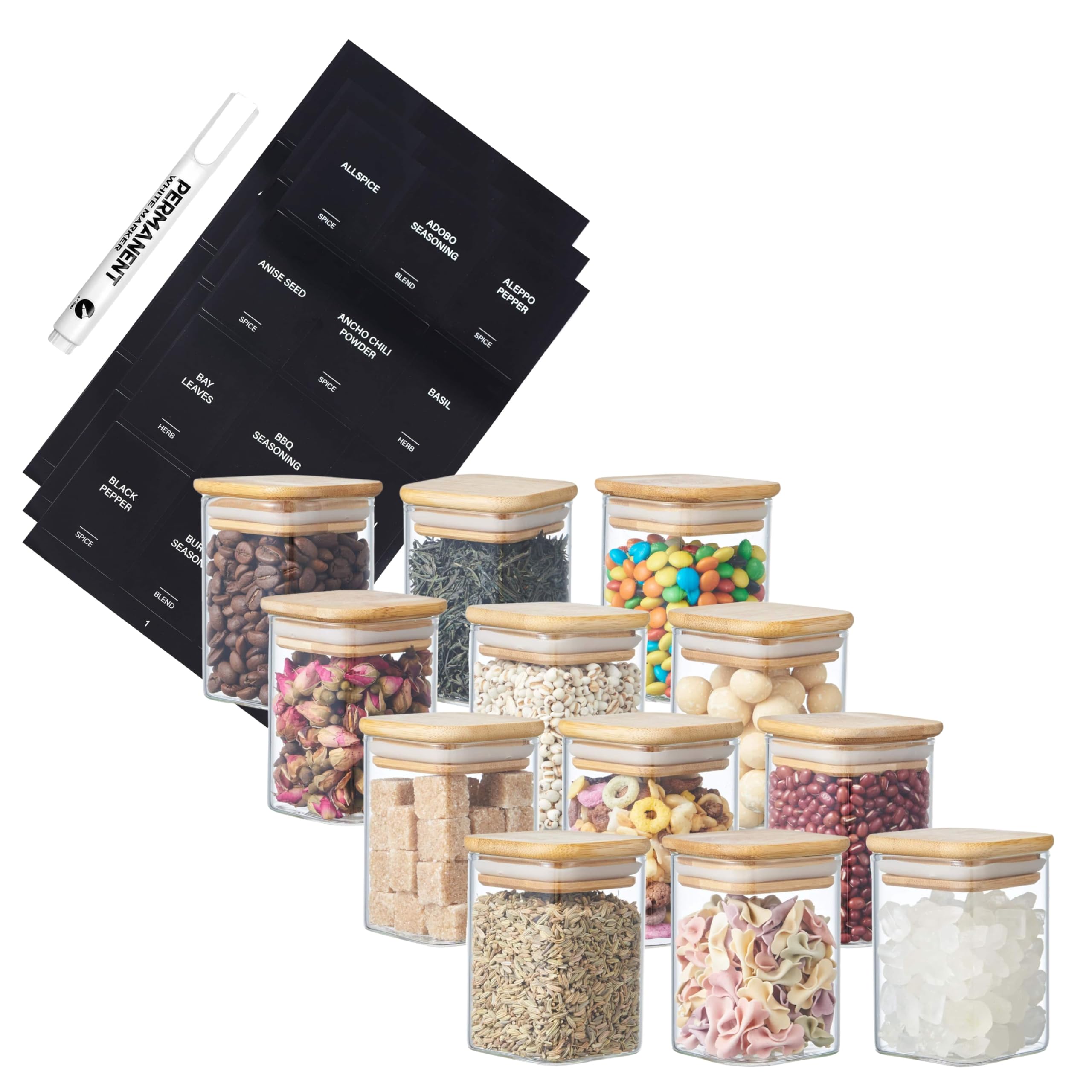 Small Square Glass Storage Jars with Airtight Bamboo Lids | Kitchen Organization Containers | Spice Jars with Preprinted Labels & White Marker – Pantry Storage for Herbs & Spices (12, Clear, 200ml)