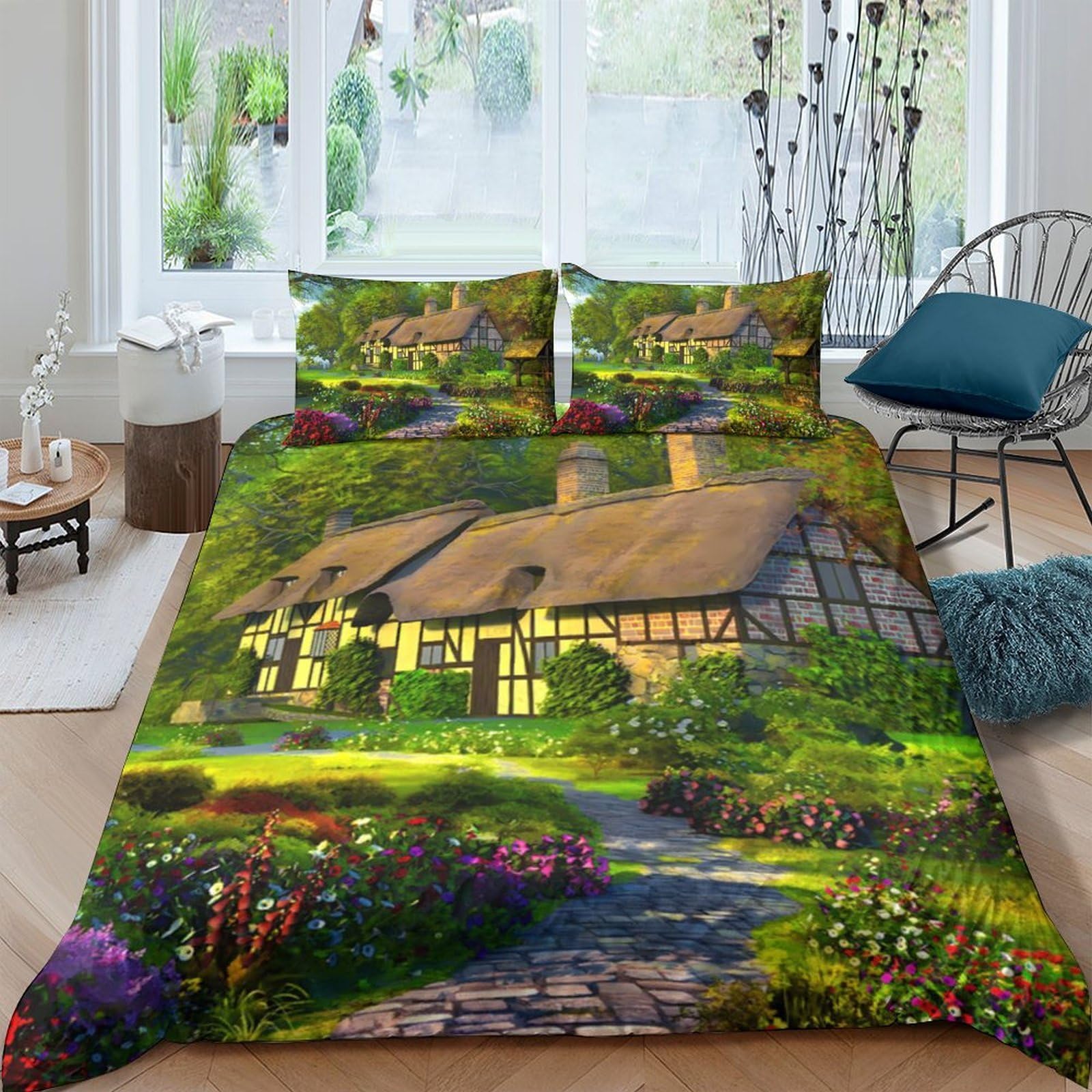 Ctjqhvkz Style-1 3D Printed Countryside Cottage Fitted Sheet Microfiber Anti-Slip Floral Garden Bed Cover For Bedroom Guest Room Decor Single（135X200cm）