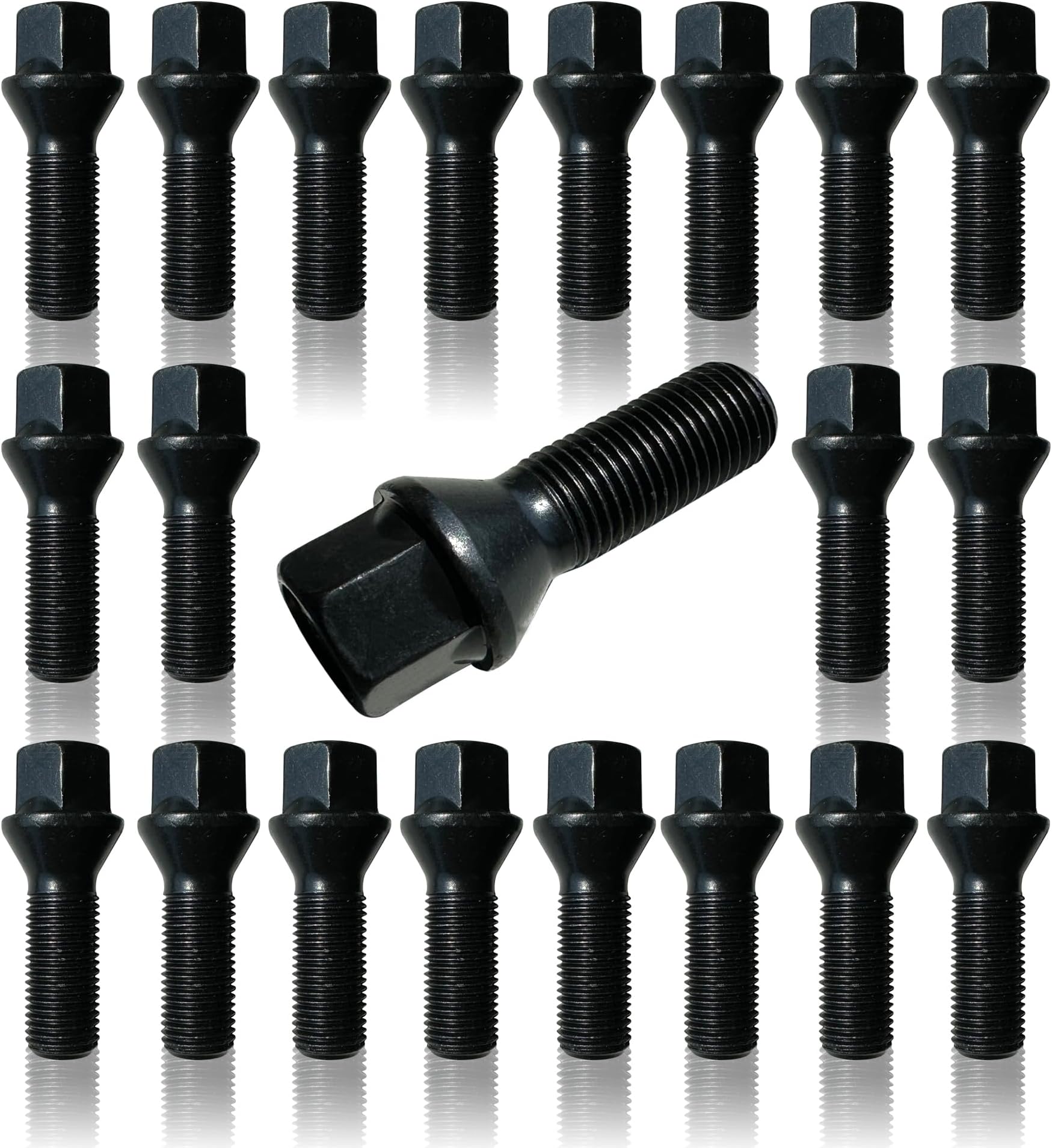 BIMECC Set of 20 Alloy Wheel Bolts for VW Transporter T5 | T6 - M14x1.5-33mm Thread Length - Taper - Black - For use with AFTERMARKET Alloy Wheels ONLY - DO NOT USE WITH OE VW ALLOYS OR STEELS