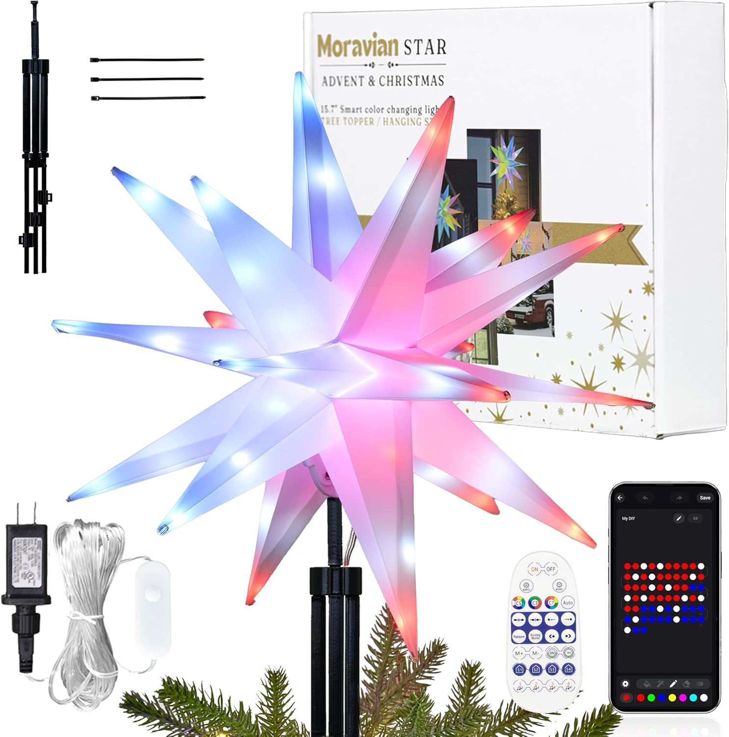 Smart 15.7'' Christmas Star Tree Topper Lighted Plug in, 3D Outdoor Foldable Lightweight Moravian Star Tree Topper, Timer & Smart Colorful Remote Control, Christmas Hanging Lights Medium