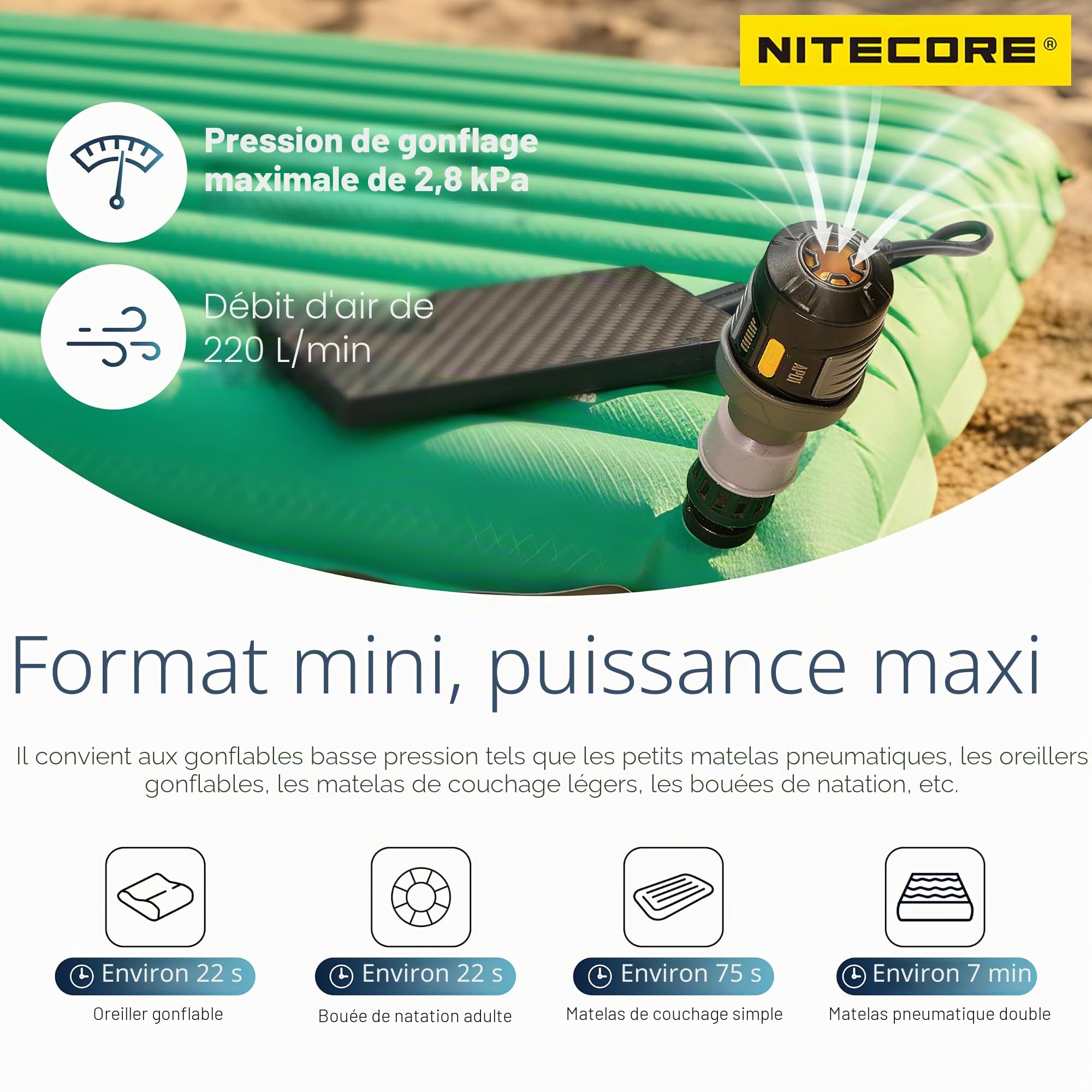 Nitecore AP01 Pompe à air portable ultra légère avec étiquette Nitecore