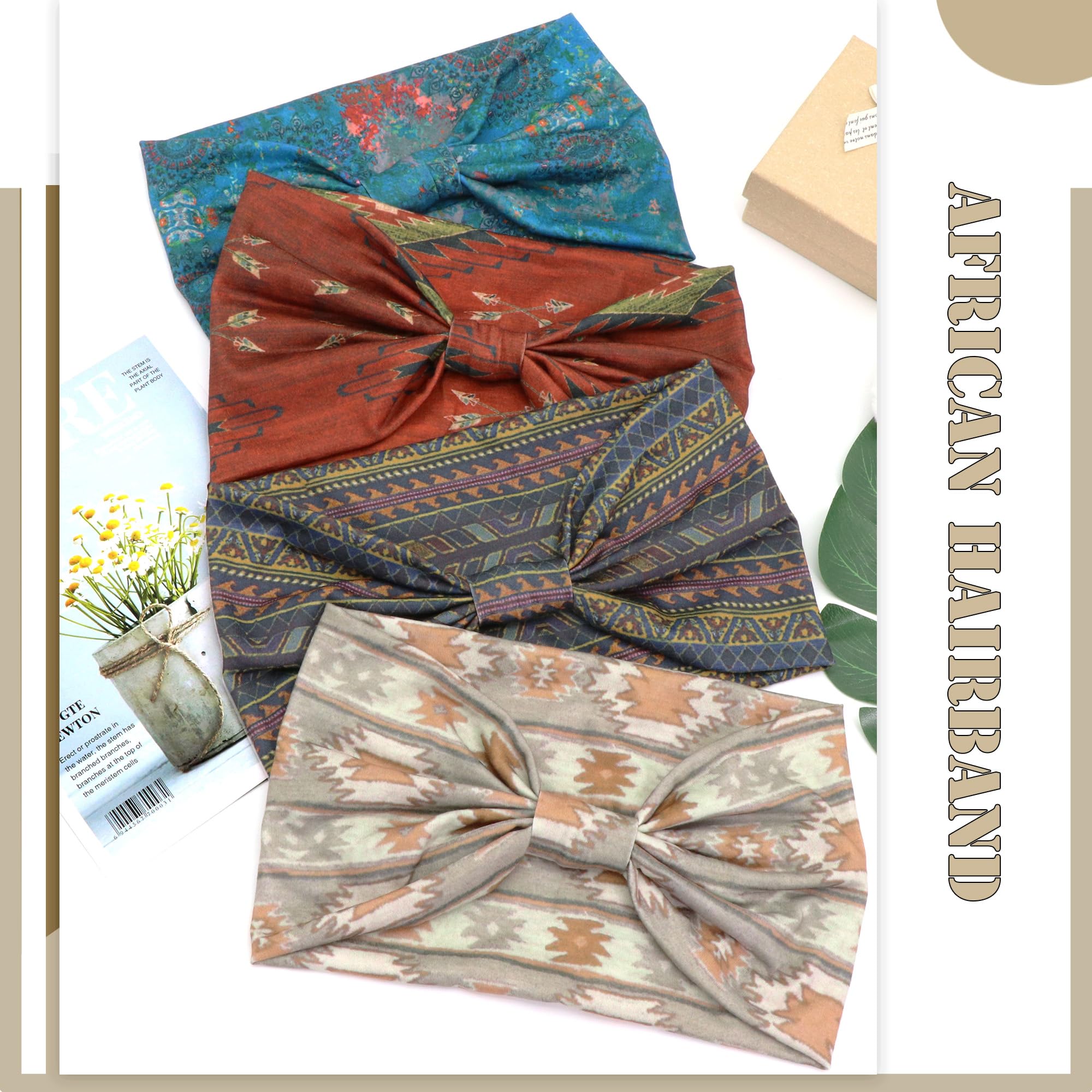 Aceorna Diademas Africanas Bohemias Anudadas, Elásticas Para La Cabeza Ancha, Turbante De Yoga, Bufandas Para El Cabello, Accesorios Para El Cabello Estampados Para Mujer, Paquete De 4 (estilo A