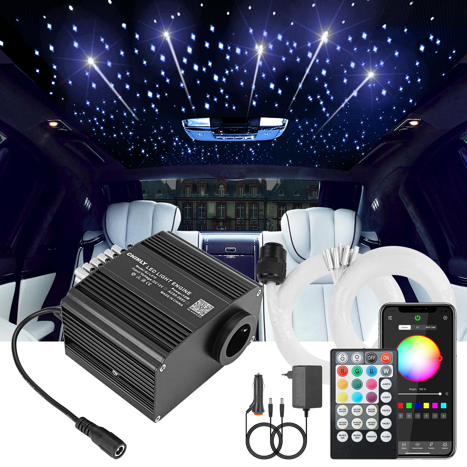 CHINLY 12W Meteoro Luces Techo Estrellado Coche, RGBW Control por APP Bluetooth y Mando, Activación por Música, 450pcs of (0,75mm+1,0mm+1,5mm)*3m Kit Luces Fibra Optica para Coche/Cine/Hogar