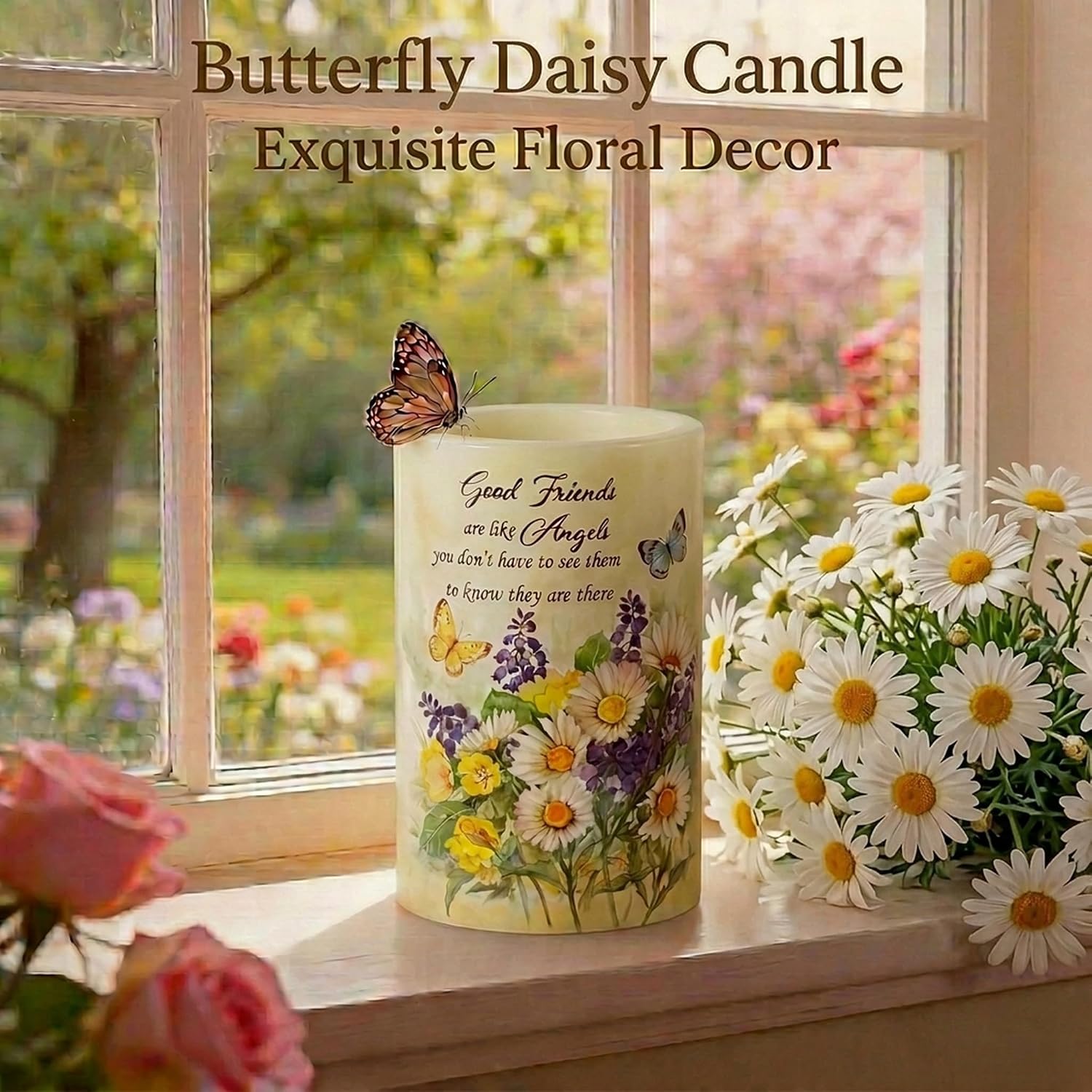 Butterfly Daisy Battery Operated Flickering Flameless Candle 4x6, LED Pillar Candle with Timer, Battery Included, Spring Floral Table Decor, Romantic Home & Wedding Centerpiece, Gift for Women Mom