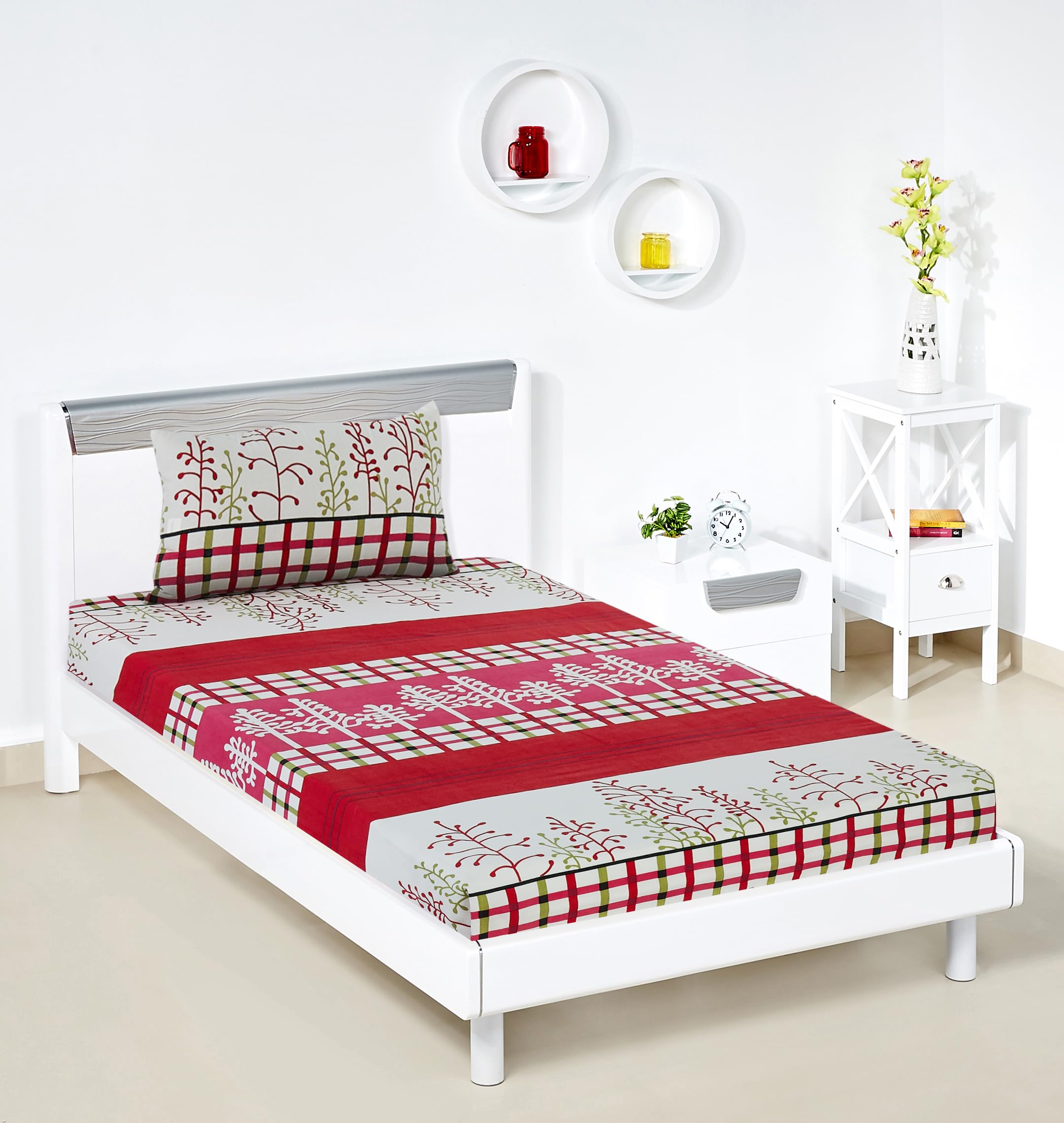 Amazon Brand - Solimo Polyester 144 TC Rosy Cosy Single Bedsheet with 1 Pillow Cover, 95 GSM, Multicolor