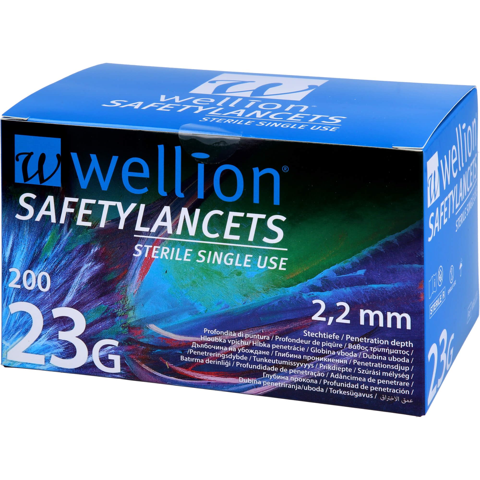 Wellion Safety Lancets 23G 2,2 mm Profondeur de piqûre, 200 pièces/pc.