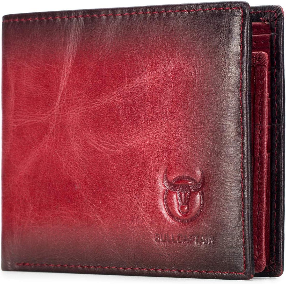 BULLCAPTAIN RFID Wallets for Men Slim Bifold Genuine Leather Front Pocket Wallet with 2 ID Windows QB-05（Crimson ）