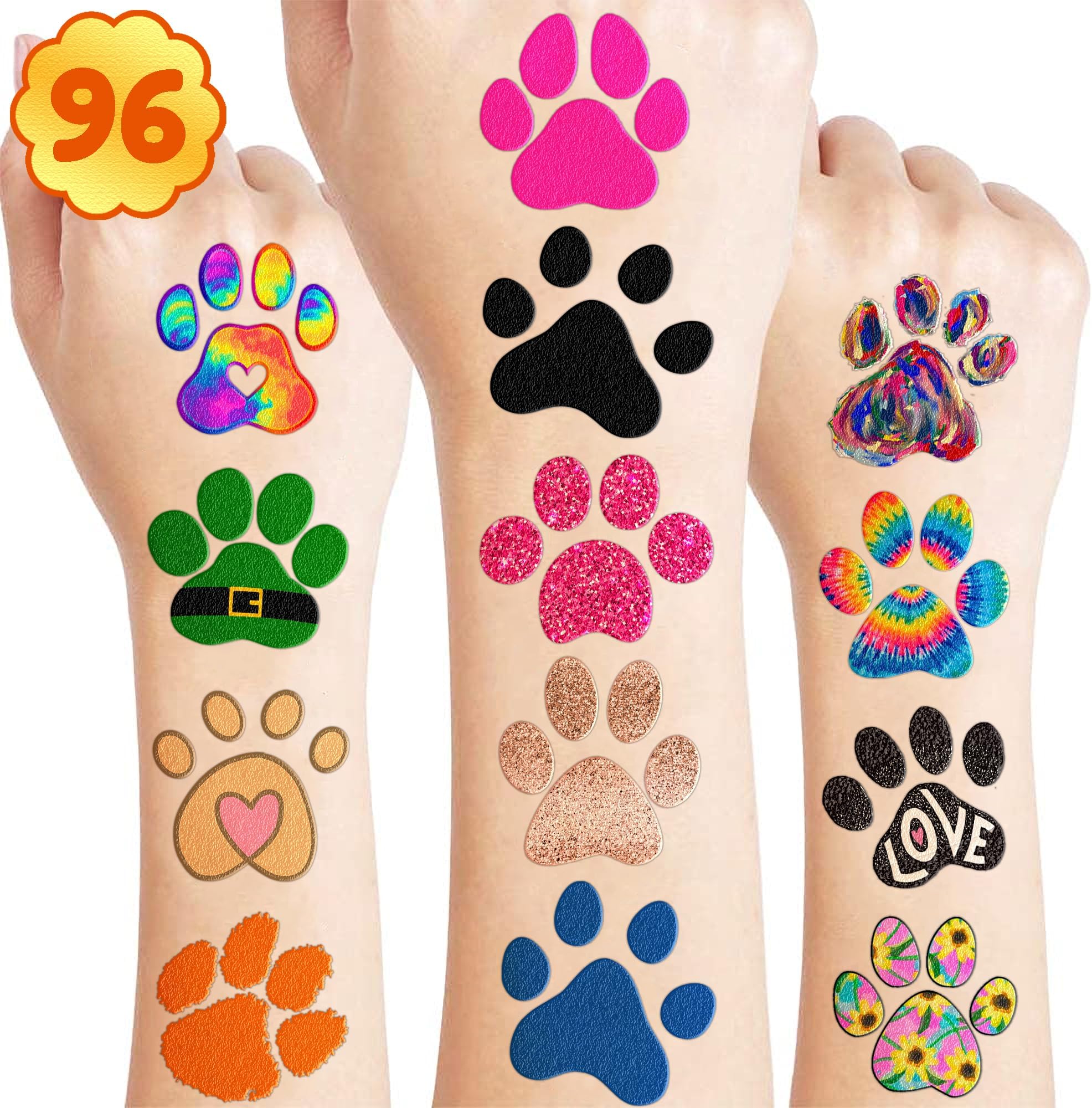 96PCS Paw Print Pre-Cut Temporary Tattoos for Kids - Dog Cat Themed Birthday Party Decorations Supplies Decor Favors, Super Cute Animal Tattoo Stickers Gifts for Games Boys Girls Rewards