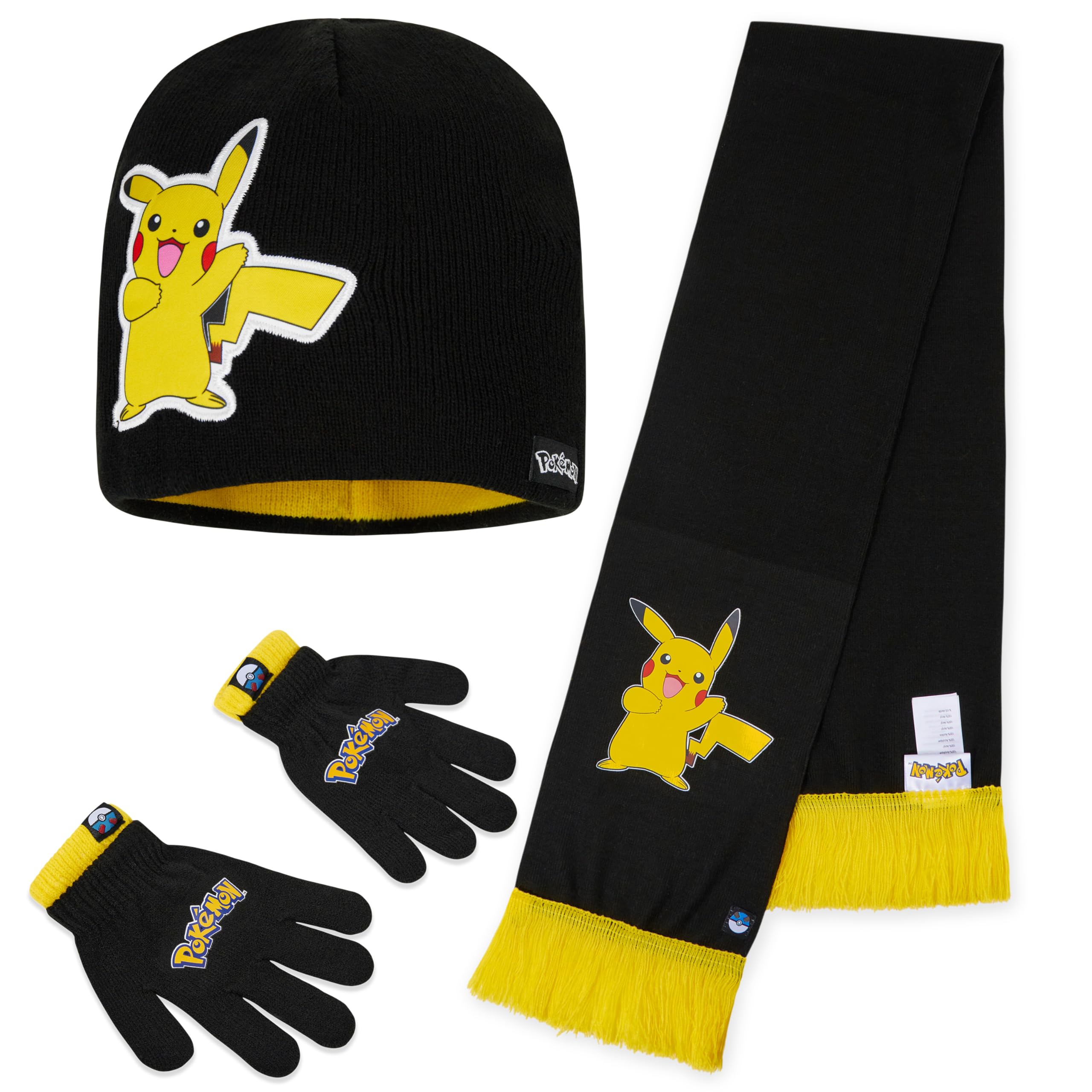 Pokemon Black/Yellow 3 Pcs Beanie Hat And Gloves Or Hat Winter Gloves & Scarf Set Kids - Anime Gifts For Boys (7-12 Years, ) Size 7-12 Years
