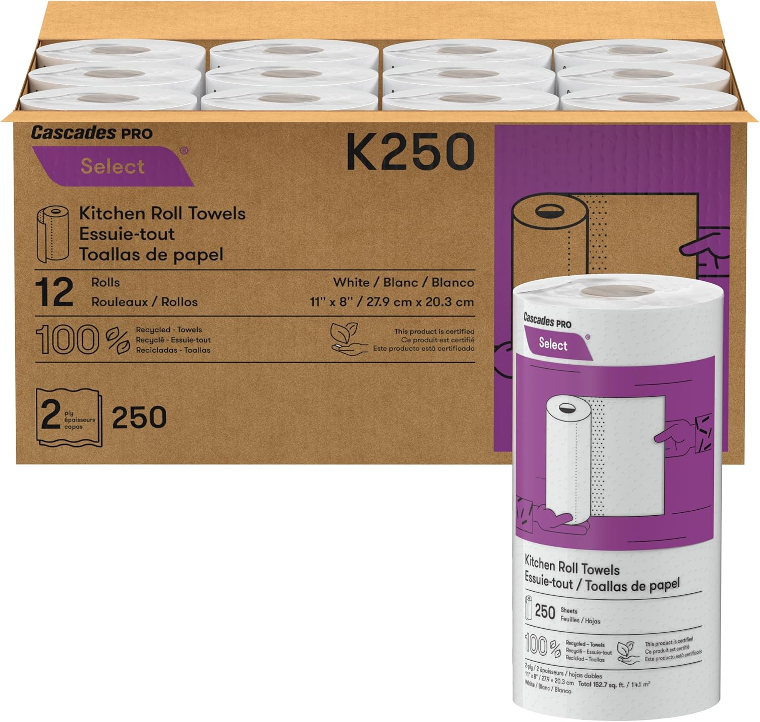 Cascades PRO Select Kitchen Roll Towel - Strong and Absorbent 2-Ply Paper Towels for Kitchens, Breakrooms, Schools, Offices - Recycled, Compostable - 250 Sheets/Roll, 12 Rolls/Box -K250 - White