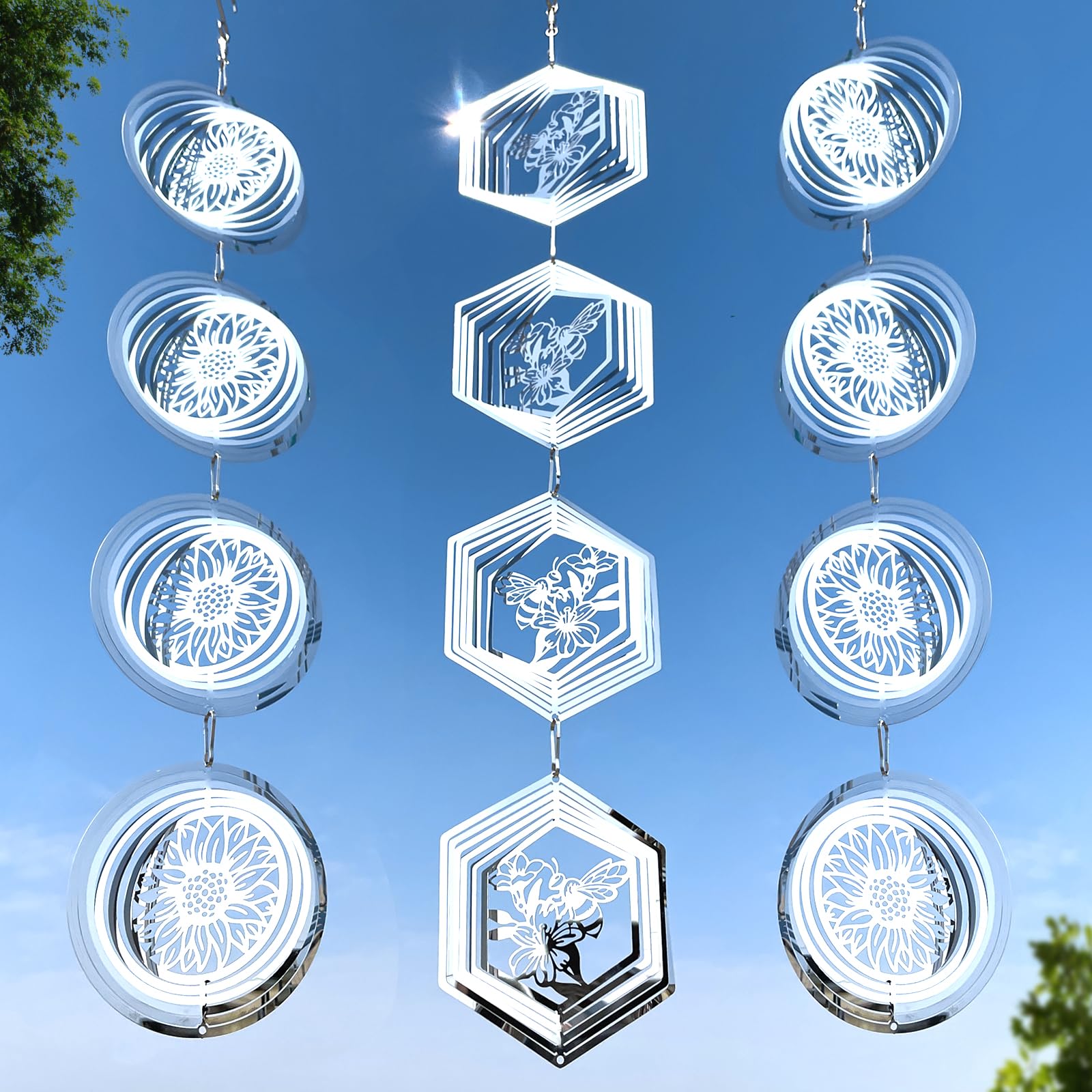 Leafcraft 12Pcs Bird Scare Discs Set Reflective 3D Stainless Steel Wind Spinner Outdoor Garden Hanging Decor, Bird Devices Deterrent Reflectors to Scare Birds Away from Yard Patio (Sunflower and Bee)