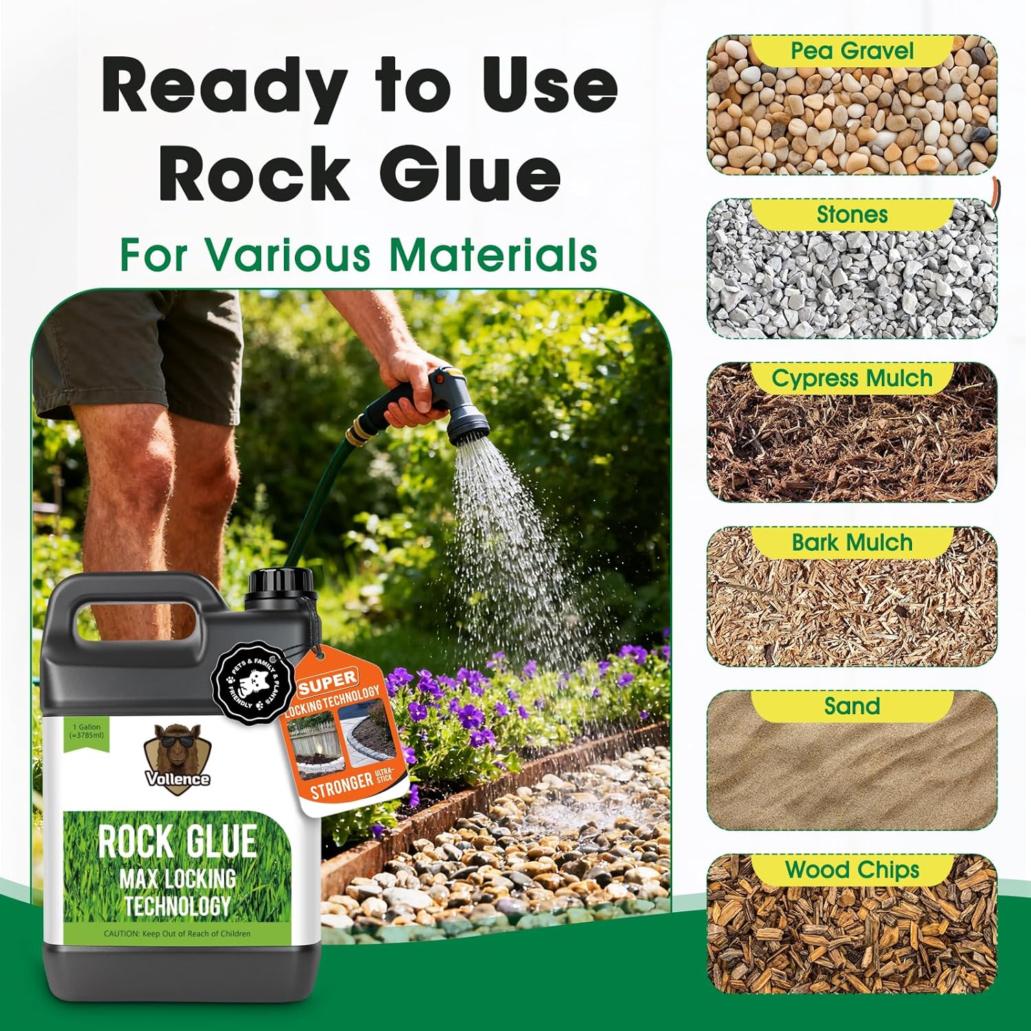 Vollence Ready to Use Rock Glue for Landscaping,1 Gallon Mulch Glue Gravel Binder No Dilution Needed Rock Adhesive, Pine Straw Outdoor Stone Bond for Garden, Gravel Stabilizer Landscape Mulch Lock