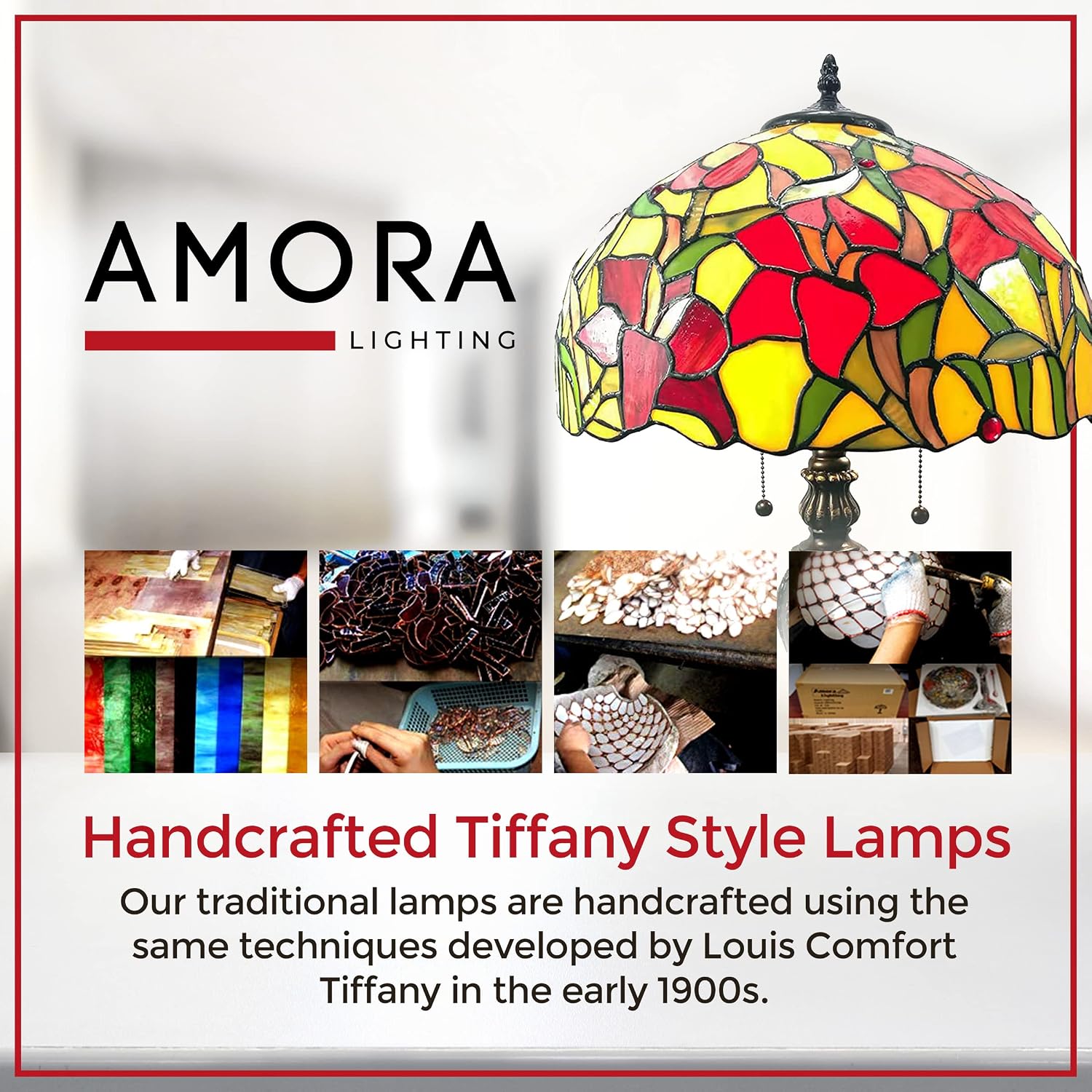 Amora Vintage Tiffany Table Lamp - Roses and Floral Table Night Light - Red and Yellow Glass Nightstand Lamp - 24” Tall Stained Glass Lamp