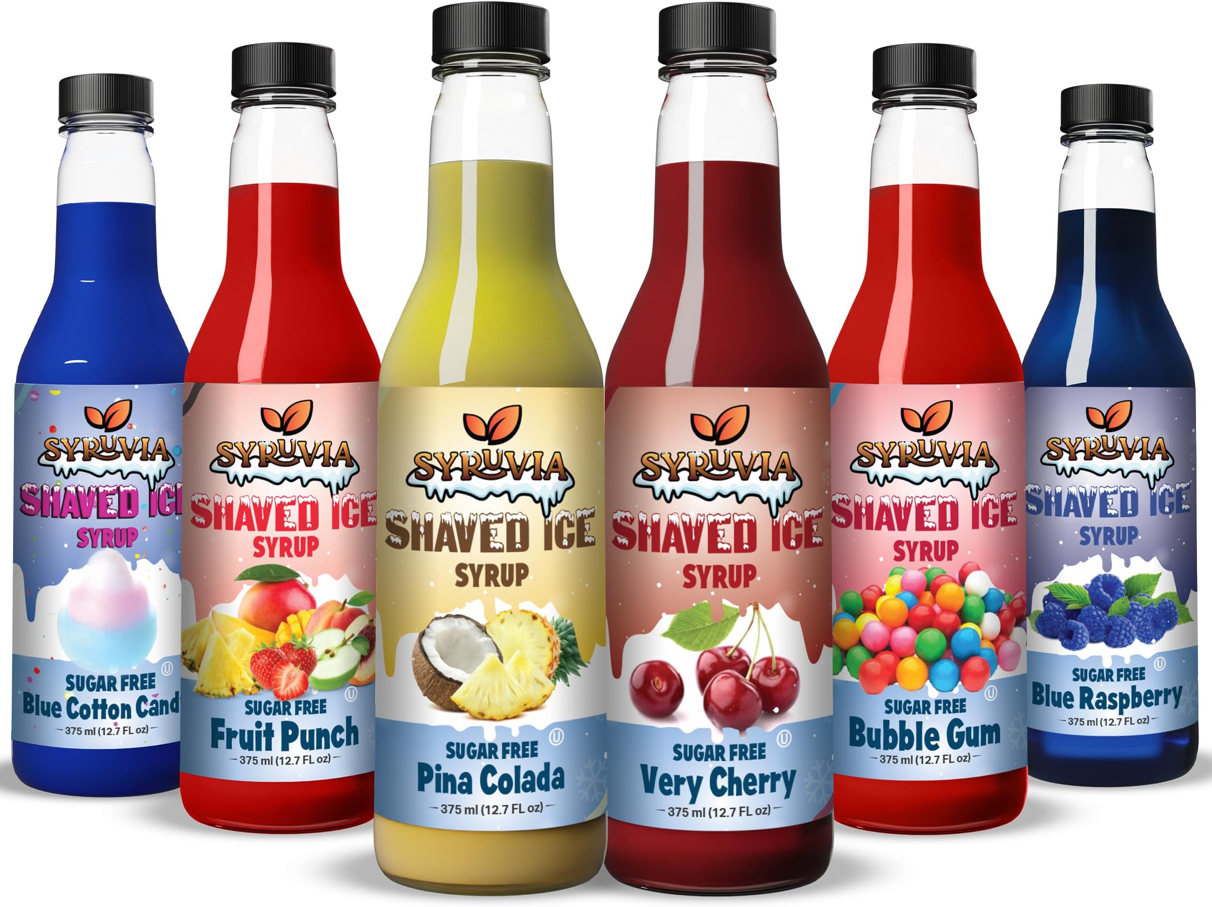 Syruvia Sugar-Free Snow Cone Syrup 12.7oz -0 Calorie Bubble Gum, Fruit Punch, Cotton Candy, Cherry, Blue Raspberry, & Pina colada Syrup For Shaved Ice, Slushies, Italian Soda, Popsicles, Dairy Free.