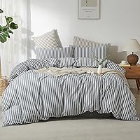 Vista 15 de Juego de funda de edredón a rayas tamaño Full 3 piezas 100% algodón lavado con textura parecida al lino natural arrugado cómodo transpirable