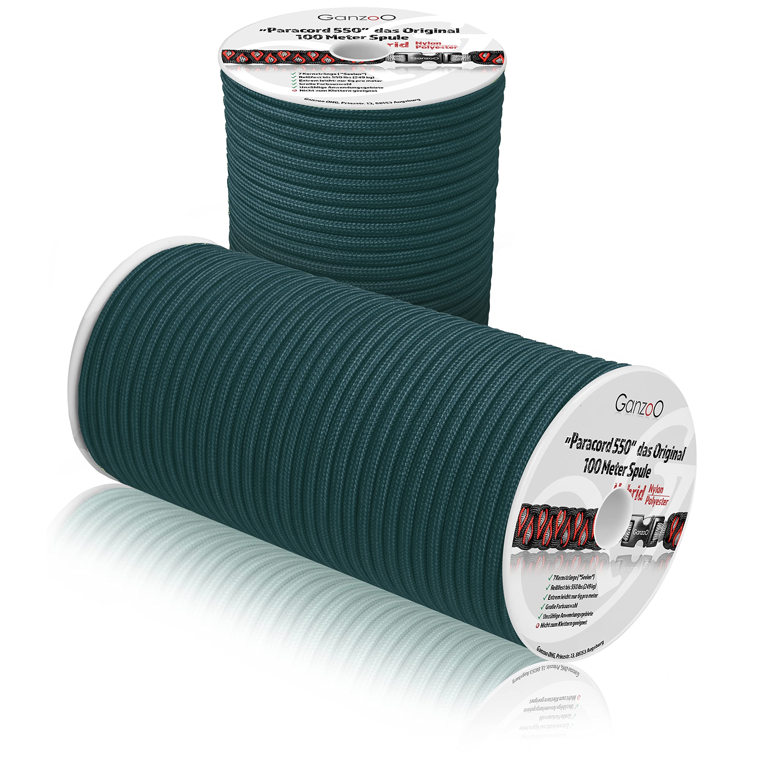 Ganzoo Cuerda Paracord 550 4 mm Tipo 3 Nylon Poliester hibrida Petrol, 100 m, Funda Trenzada 32 hebras con 7 Hilos internos, para Pulsera, Kit Supervivencia, Camping, Reparaciones y Correa de Perro