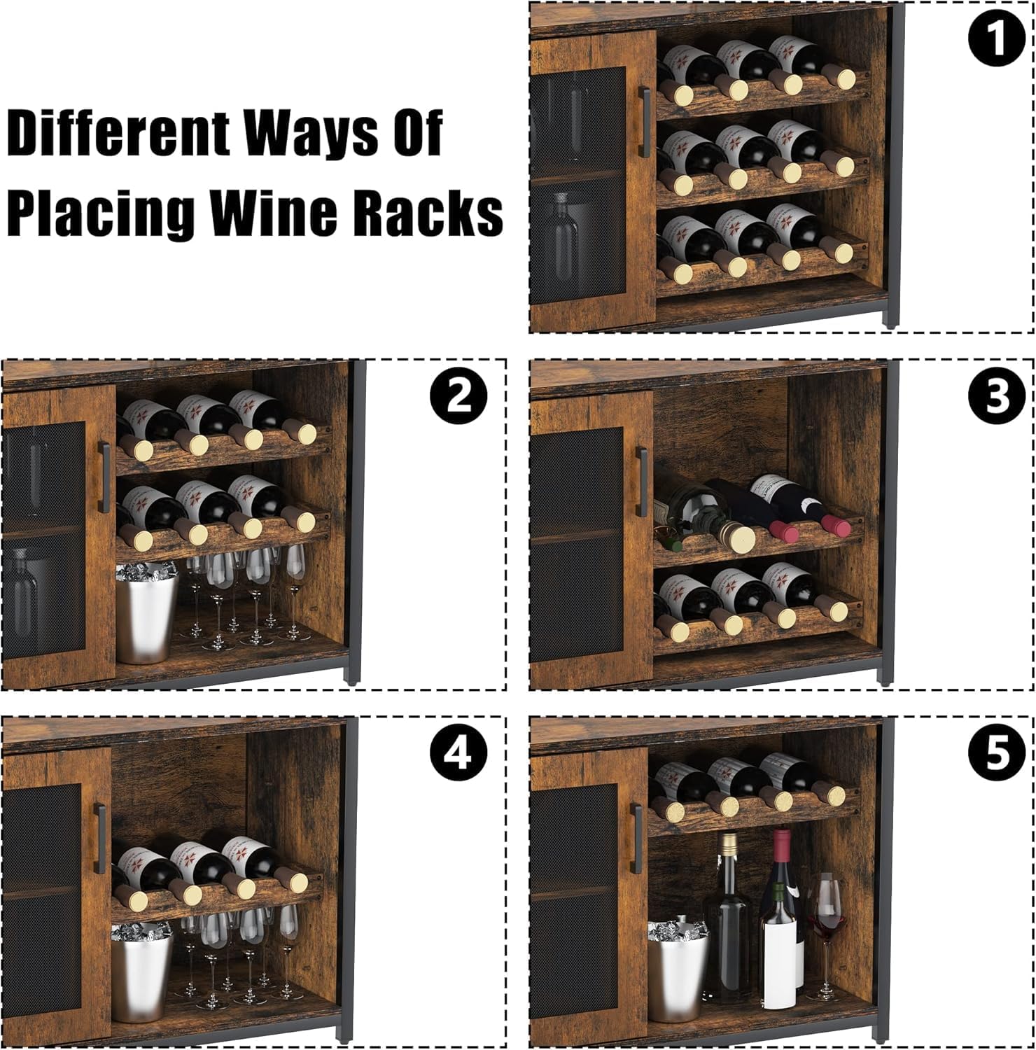 Litake Industrial Weinschrank und verstellbaren Einlegeböden, Kaffeebar-Schrank mit Gittertür und Lamellendesign, 91cm hoher Kleiner Bar-Schrank für zu Hause Küche Esszimmer Vintage Farbe