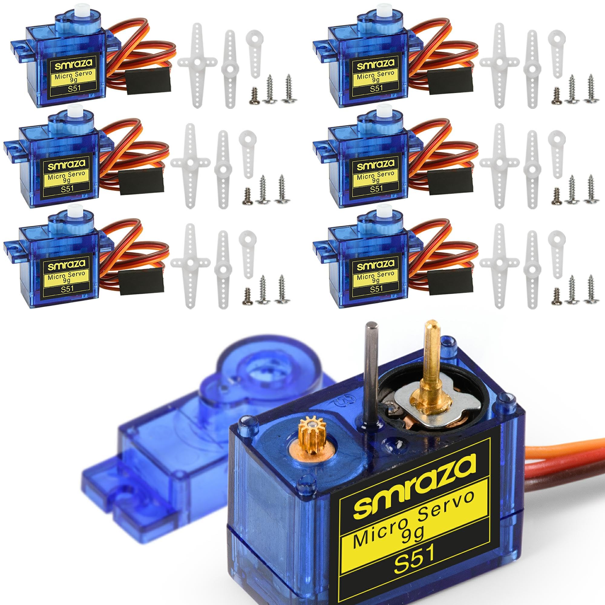 Smraza 6 Pcs SG90 9G Micro Servo Motor Kit for RC Robot Arm/Hand/Walking Helicopter Airplane Car Boat Control with Cable, Mini Servos for Arduino Project