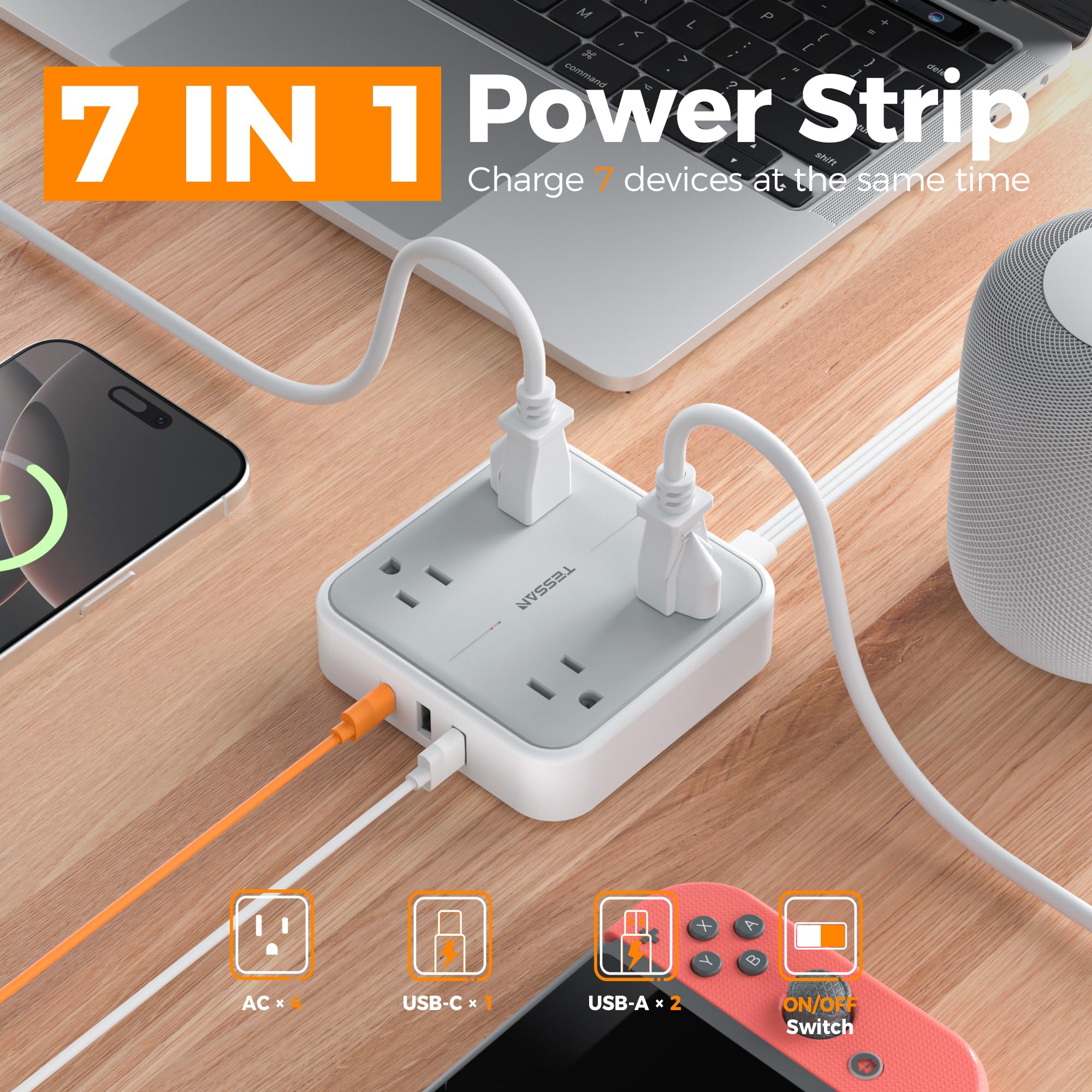 TESSAN Surge Protector Flat Extension Cord 5 Ft, Ring Plug Power Strip — Amazon image 2