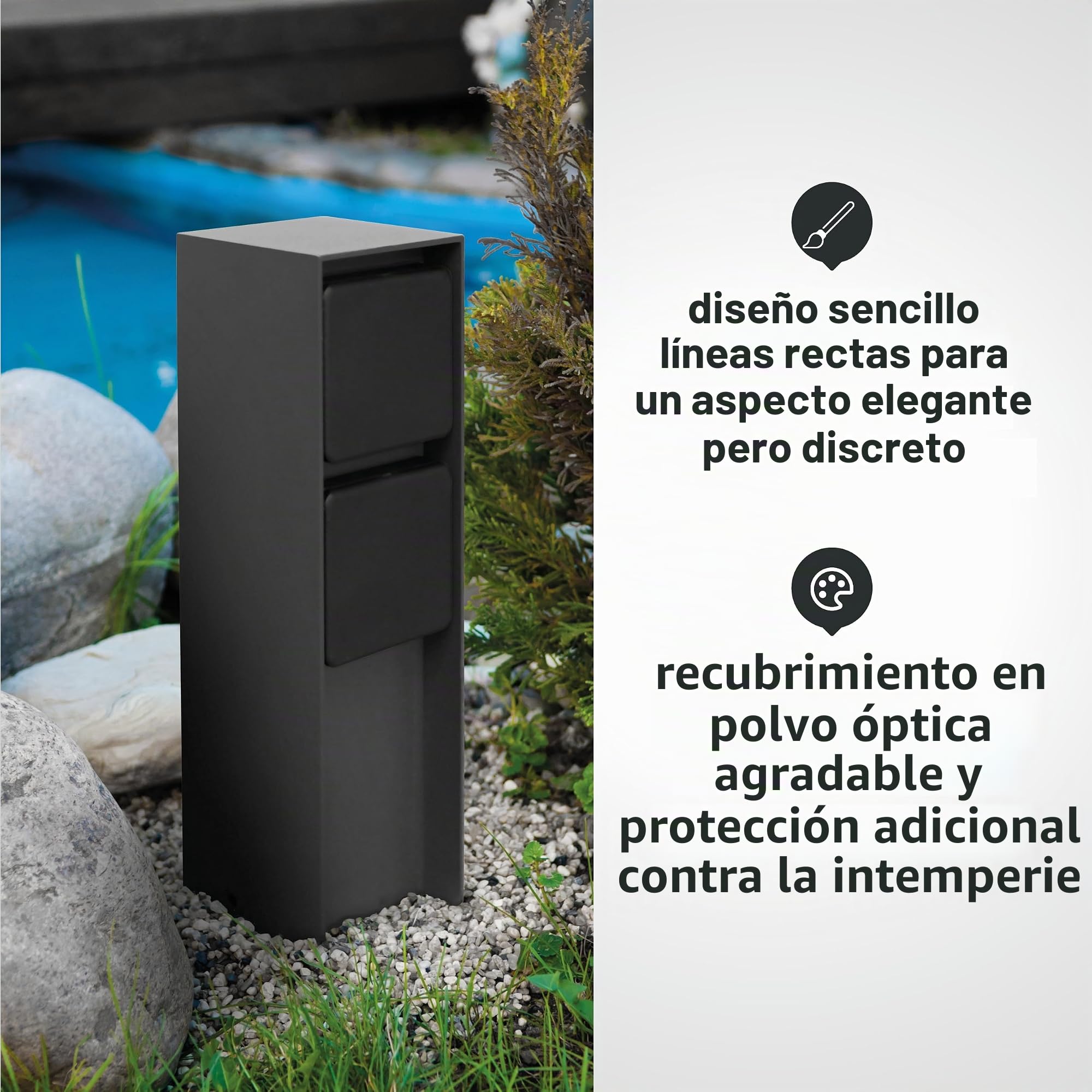 LED Universum - Enchufe exterior "ADAM", acero inoxidable, antracita, con tapas negras, 2 enchufes, máx. 3680 W, enchufe de jardín.