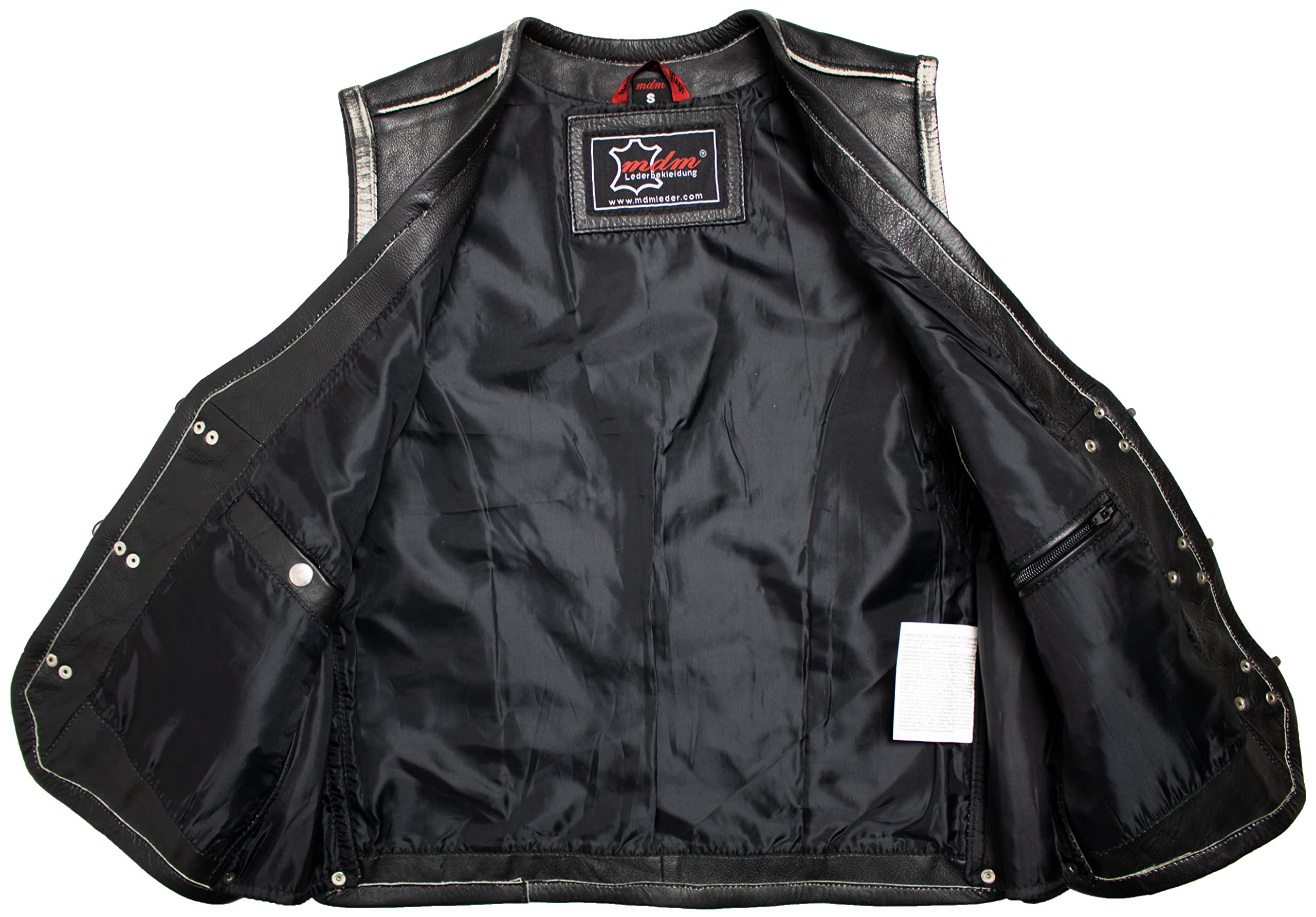 MDM Giacca Moto Uomo In Vera Pelle Nera - Giacca Pelle Uomo Senza Maniche Con Teschio Impresso Sul Retro, Chiusura A 3 Ganci, Lacci Laterali E 4 Tasche