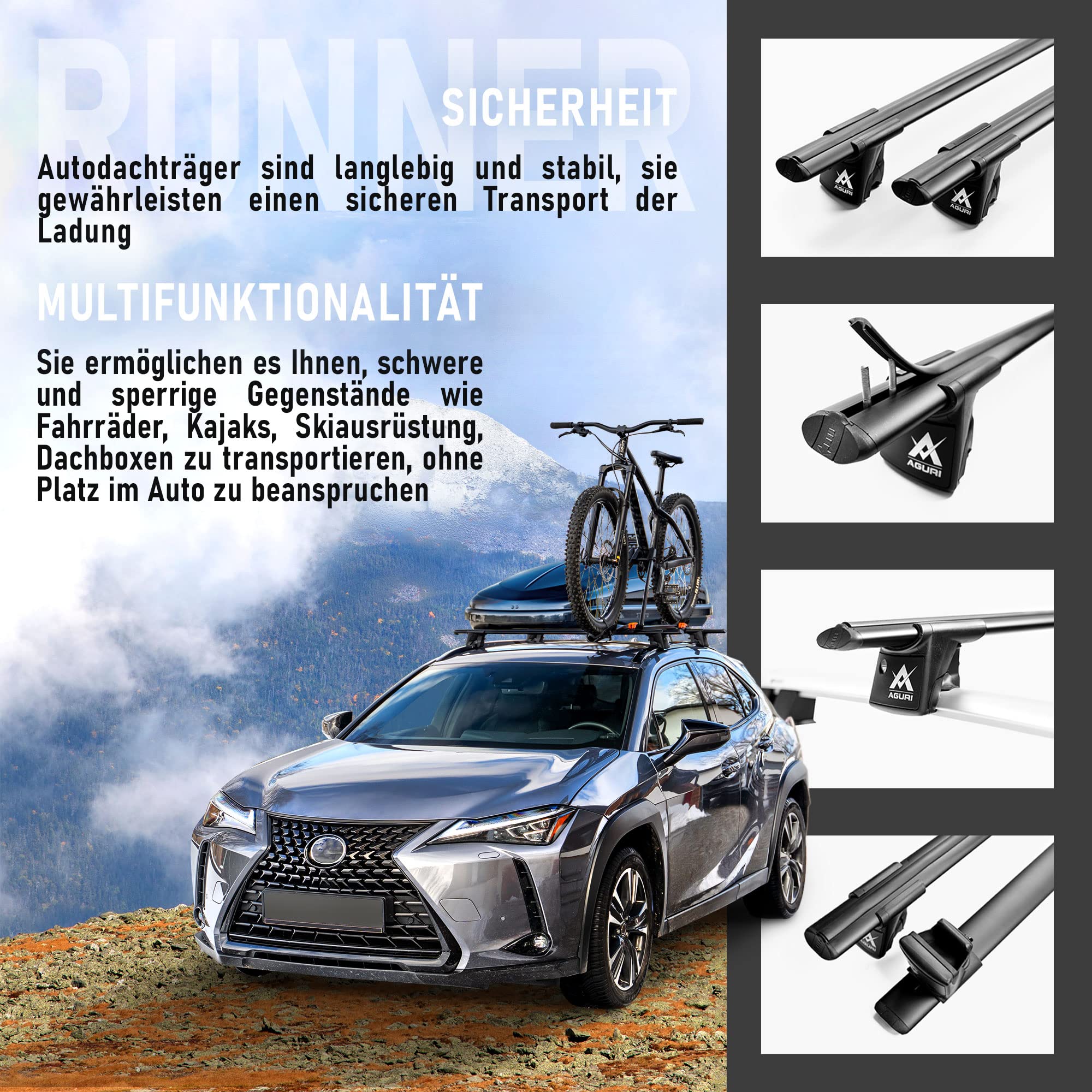 AGURI Runner II | Kompatibel mit Volvo XC60 II 2017+ | Dachgepäckträger Dachträger | Geeignet zur Befestigung von Dachboxen, Fahrradträger, Leiter | Robuste Konstruktion aus Alu | TÜV