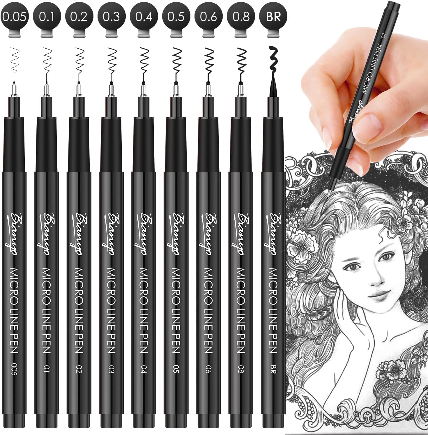 Amazon.com: Bianyo Black Pigment Ink Micro Liners, 9 Assorted Sizes ...