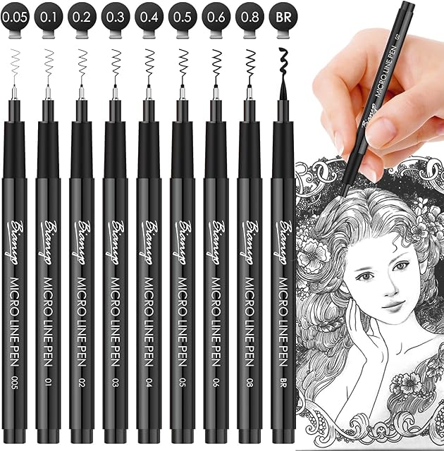Bianyo Assorted Tips Micro-Line Pens - Black, Pack of 9 - Anti-Bleed & Waterproof Archival Ink, Brush & Calligraphy Tip