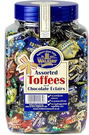 Walker's Assorted Toffees & Chocolate Eclairs – 1.25kg Bulk Jar | Traditional British Sweets, Chewy Toffee Candy, Party Favors, Gift Tub, Retro Confectionery