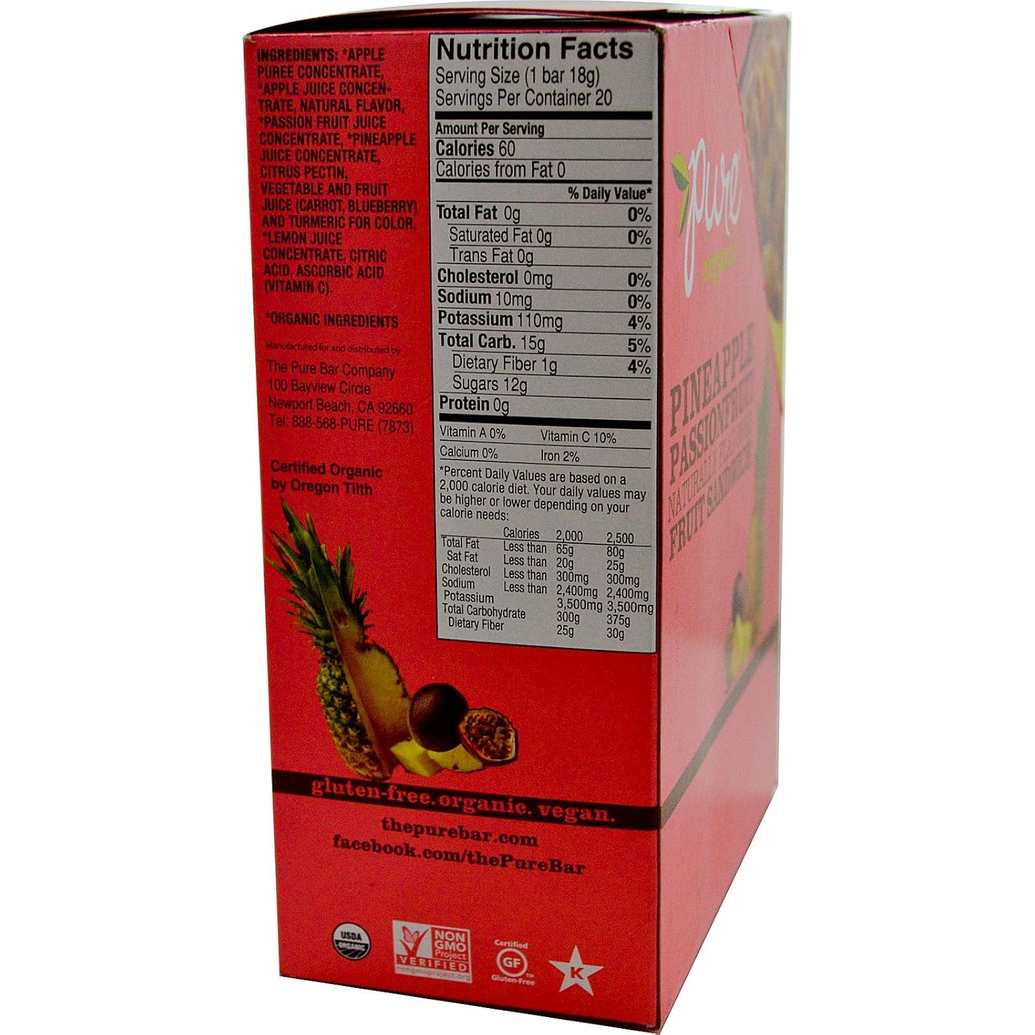 Pure Organic Pineapple Passionfruit Layered Fruit Bar, Certified Organic, Gluten-Free, Non-GMO, Vegan, Kosher, Peanut Free, No Artificial Ingredients, Fruit Snack, 0.63 ounce (Pack of 20)