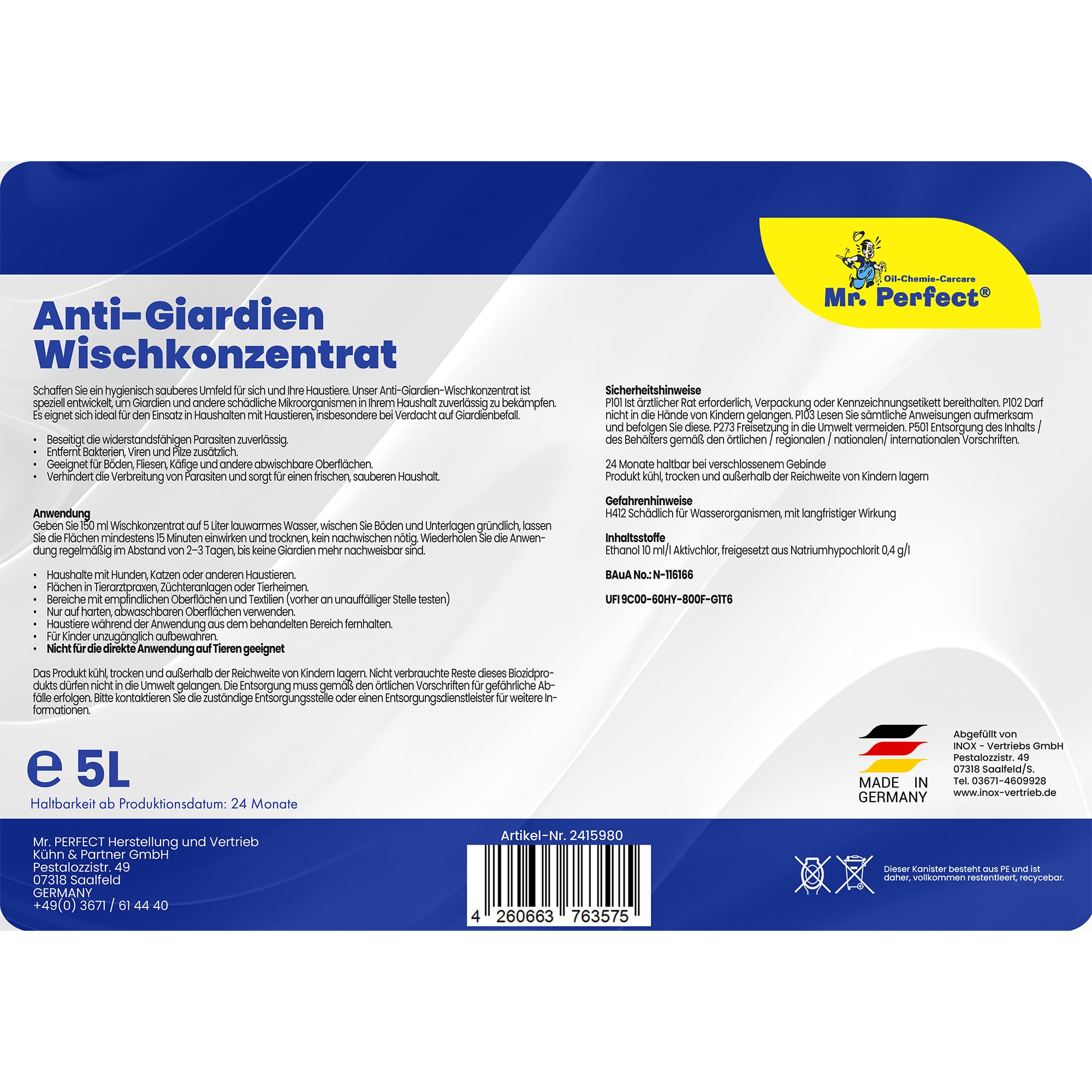 Mr. Perfect Anti-Giardien Wischkonzentrat 5L I Hocheffektives Giardien Desinfektionsmittel für alle Oberflächen I Schonendes Desinfektionsmittel für Giardien für den Haushalt