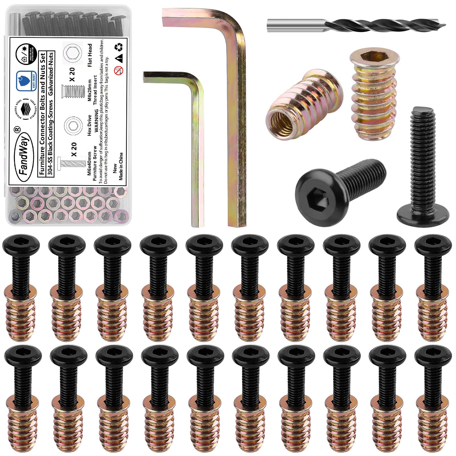 FandWay 20 Sets M6x40mm Furniture Screw Nut,M6x25mm Threaded Inserts for Wood,Connector Bolts and Nuts Set,Flat Head Allen Screw-in Nuts,Hex Socket Drive with Wrenches and Drill Bit