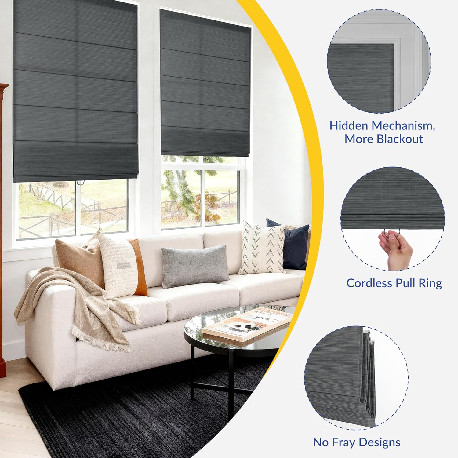 No Drill Roman Shades for Windows, Blackout Cordless Roman Blinds, Bamboo-Patterned Fabric, No Tools Easy Install, No Fray for Living Room, Bathroom, Bedroom, Bluish Gray, 59" W x 56" H