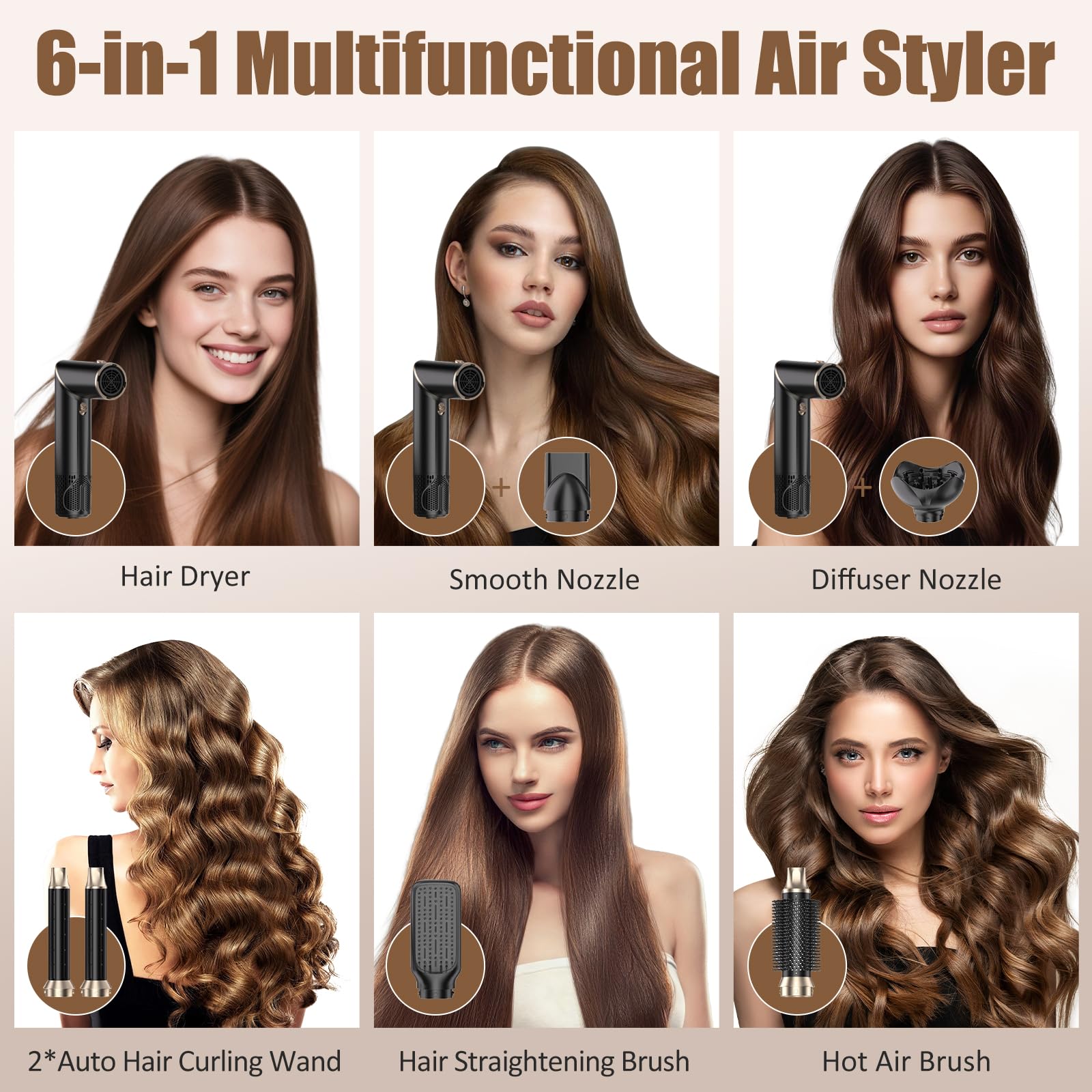 Zestaw Air Styler, szczotka na gorące powietrze, szczotka do włosów 1000 W, suszarka okrągła z 3 temperaturami, suszarka do włosów z jonami ujemnymi, okrągła szczotka, prostownica, lokówka
