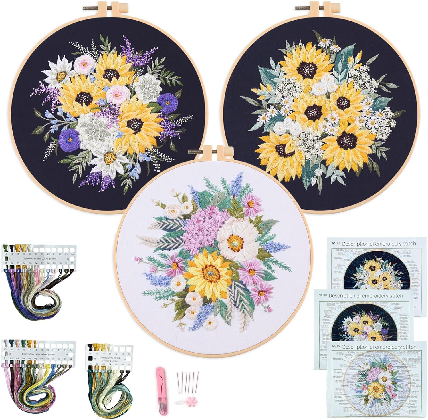 Silentsea Floral Embroidery Kit with Hoop, Sunflower Bouquet Pattern, 3 Designs, Beginner Cross Stitch Set