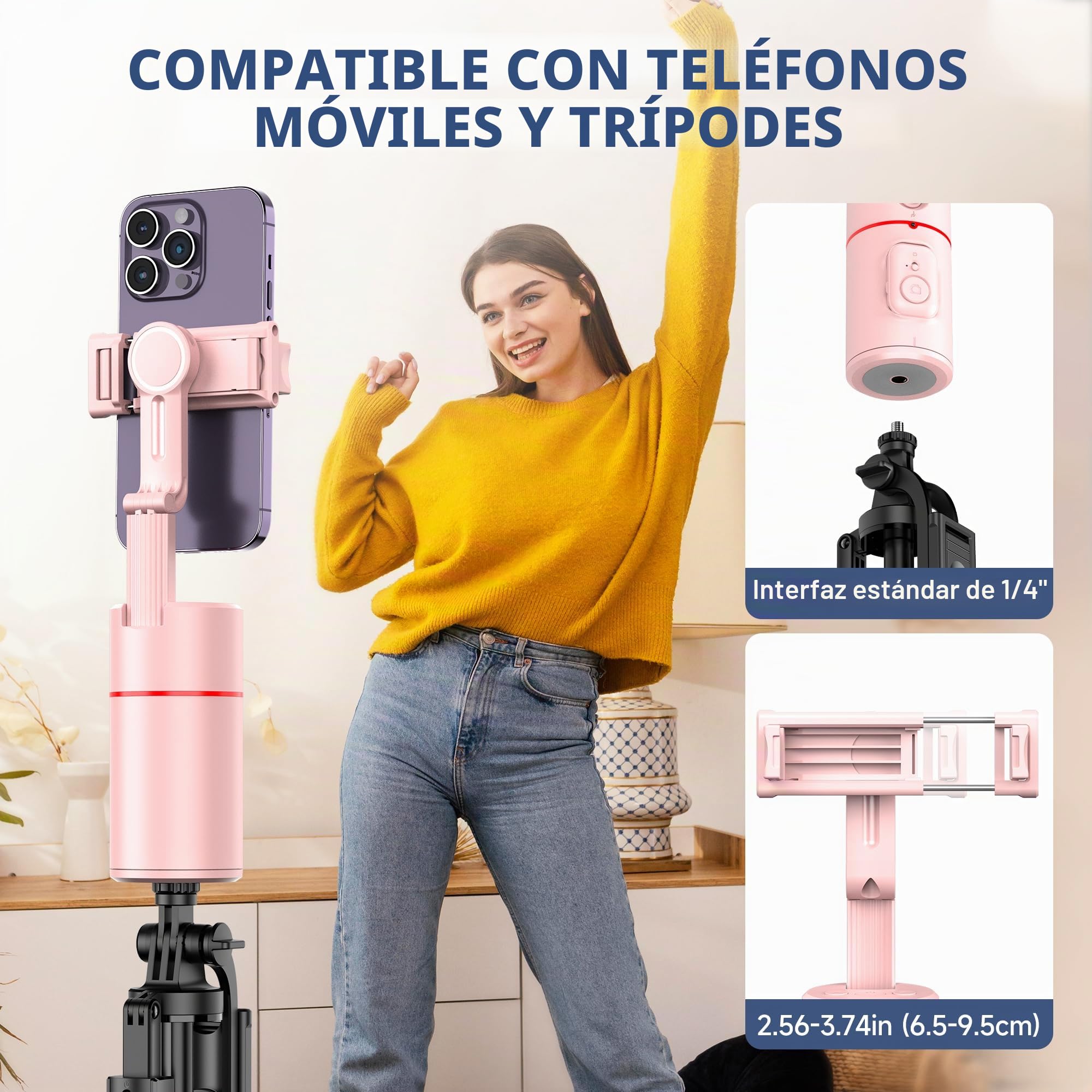 Automatic Face Tracking Mobile Stand, Gesture Control & Remote Control, 360 Degree Rotating Mobile Camera Stand, iPhone Selfie Stick Tripod, Telescopic Bar (Pink)