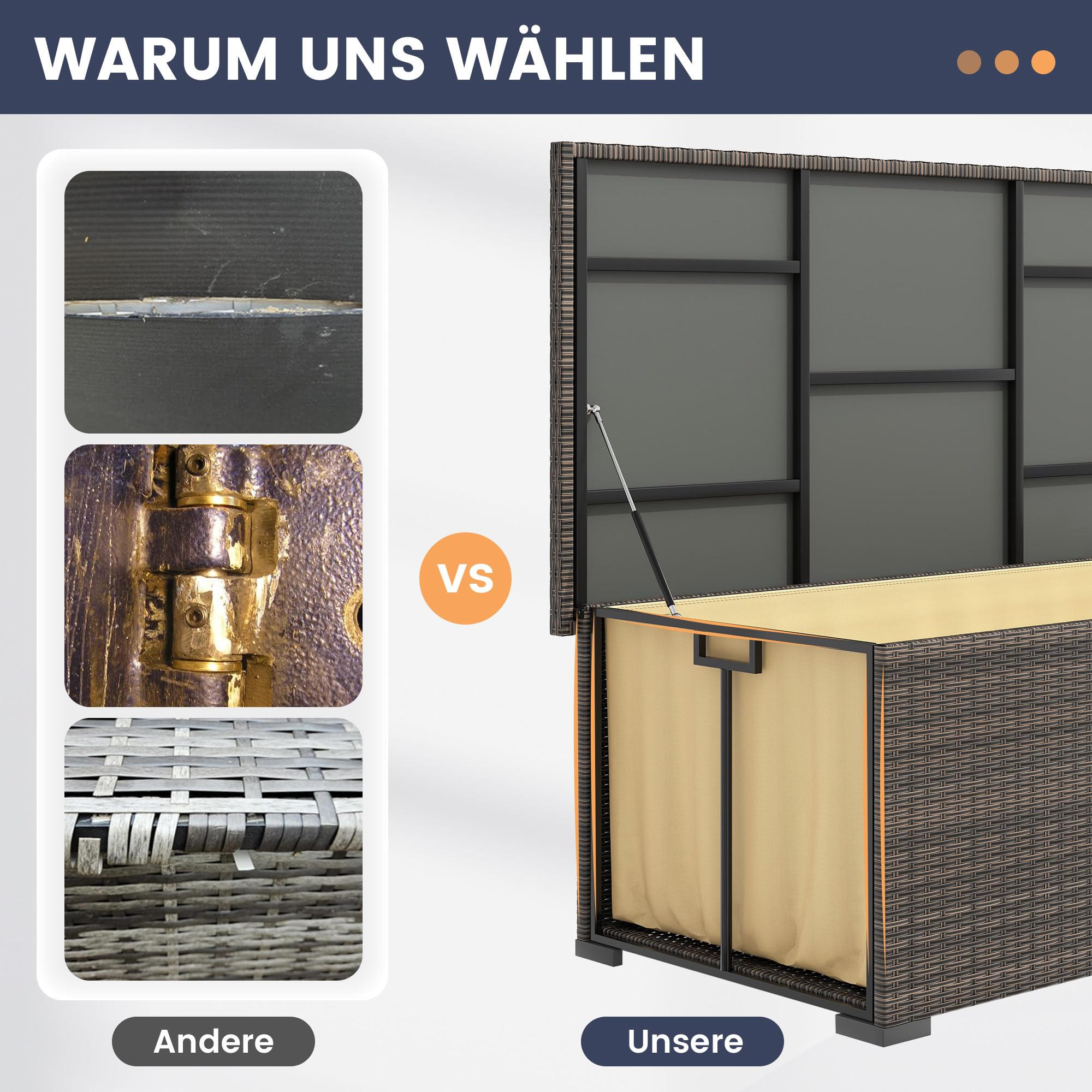 UDPATIO Gartenbox Wasserdicht 870L, Aufbewahrungsbox Garten XXXL, Auflagenbox Wetterfest, Kissenbox Outdoor mit Deckel, Gasdruckfedern, ideal für Garten, Terrasse & Balkon | Braun