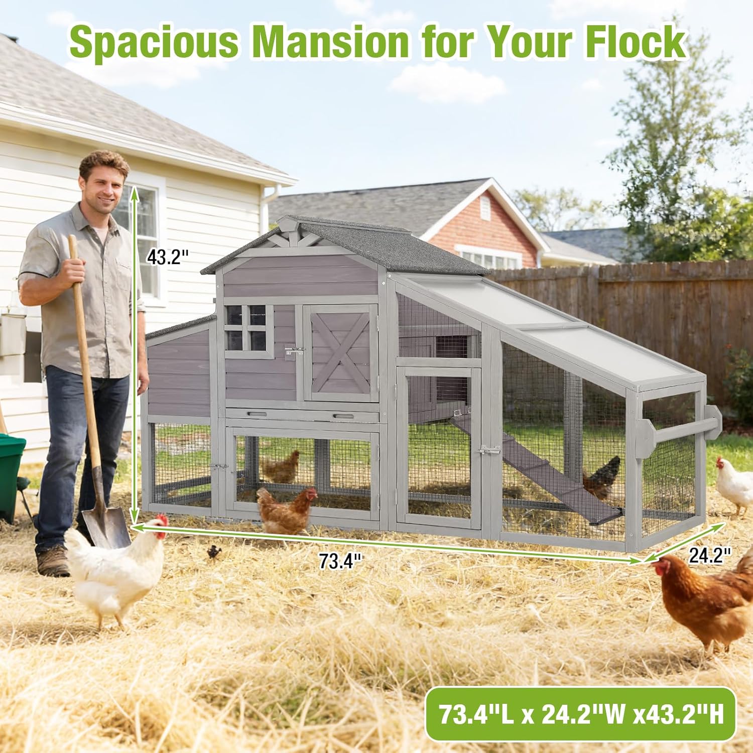 Mobile Chicken Tractor with 2 Nesting Boxes, 81" Large Wooden Chicken Coop for 2-4 Chickens, Predator Proof Poultry House with Wheels, Waterproof Roof & Removable Tray (Grey, 73.4"L x 27.9"W x 43.2"H)