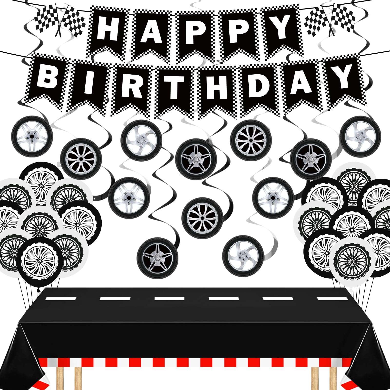 Race Car Birthday Decorations Set 32Pcs Racing Themed Party Supplies Include Black White Checkered Birthday Banner Wheel Hanging Swirls Balloons