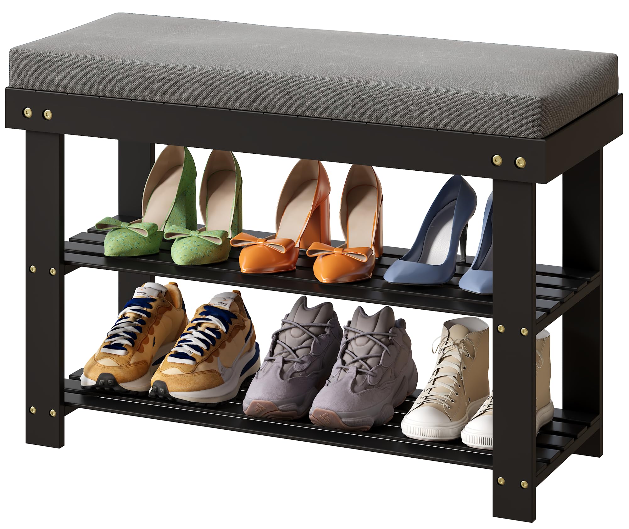 Bamboo Shoe Ottoman Shoe Storage Bench Shoe Rack Bench, 3-Tier
