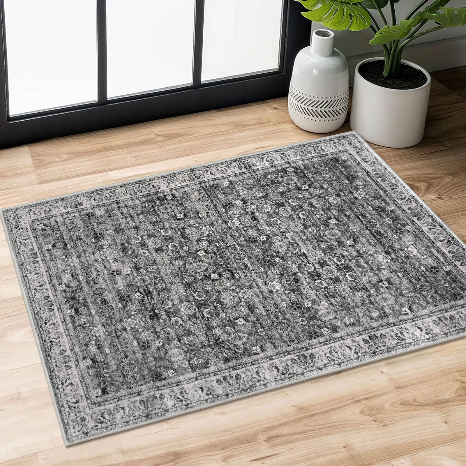 2x3 Washable Rug Charcoal Small Area Rug for Entryway, Soft Non-Slip Indoor Outdoor Rugs, Distressed Floral Low-Pile Doormat, Neutral Vintage Carpet for Entrance Kitchen Bedroom Farmhouse