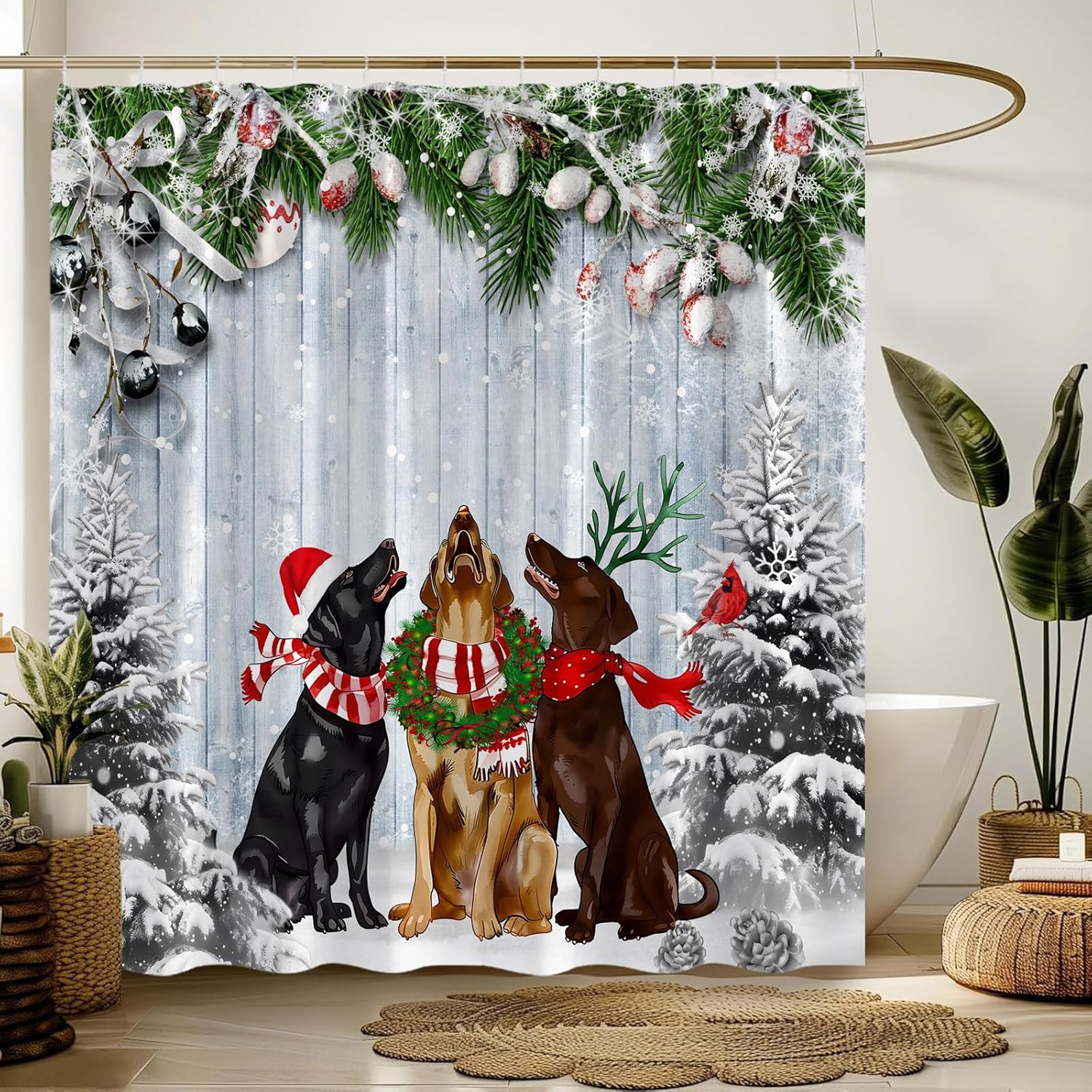 Christmas Shower Curtain Winter Retro Cute Dog Snow Holiday New Year Fabric Bathroom Decor Sets with Hooks,71W x96H