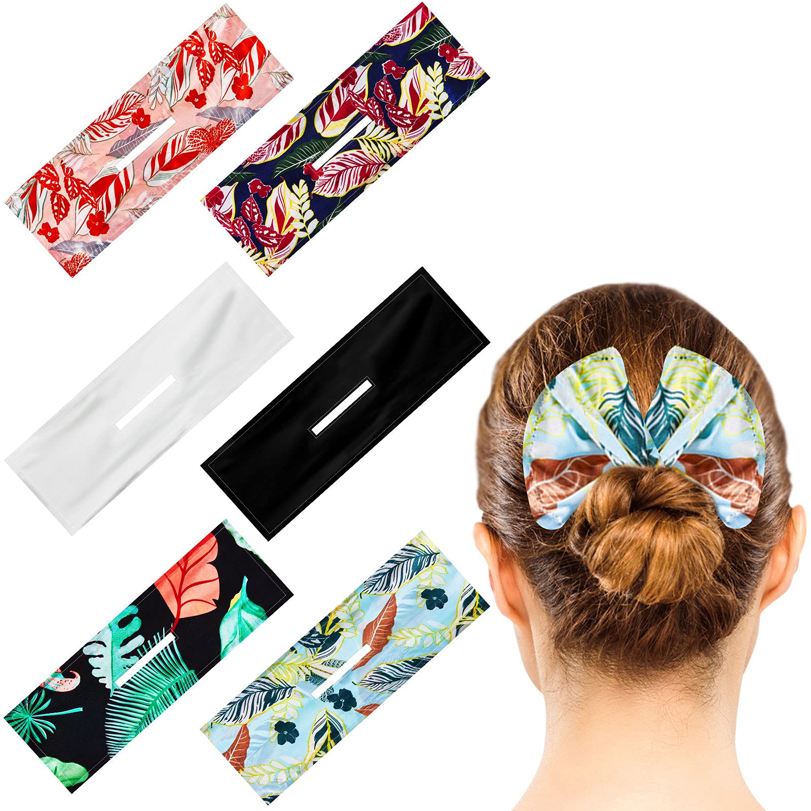 6 Piece Deft Bun Hair Bun Maker Multicolor Cloth Magic Clip French Hairstyle Bun Shaper French Hairstyle Donut Bun Maker Flexible Reusable Bun Twister for Women Girl Hair Accessory (Leaves Pattern)