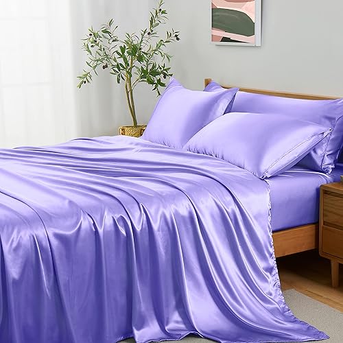Entisn Juego de sábanas de satén de 7 piezas para camas ajustables, sábanas de satén sedoso lavanda, sábanas ultrasuaves de hotel de lujo, 2 sábanas