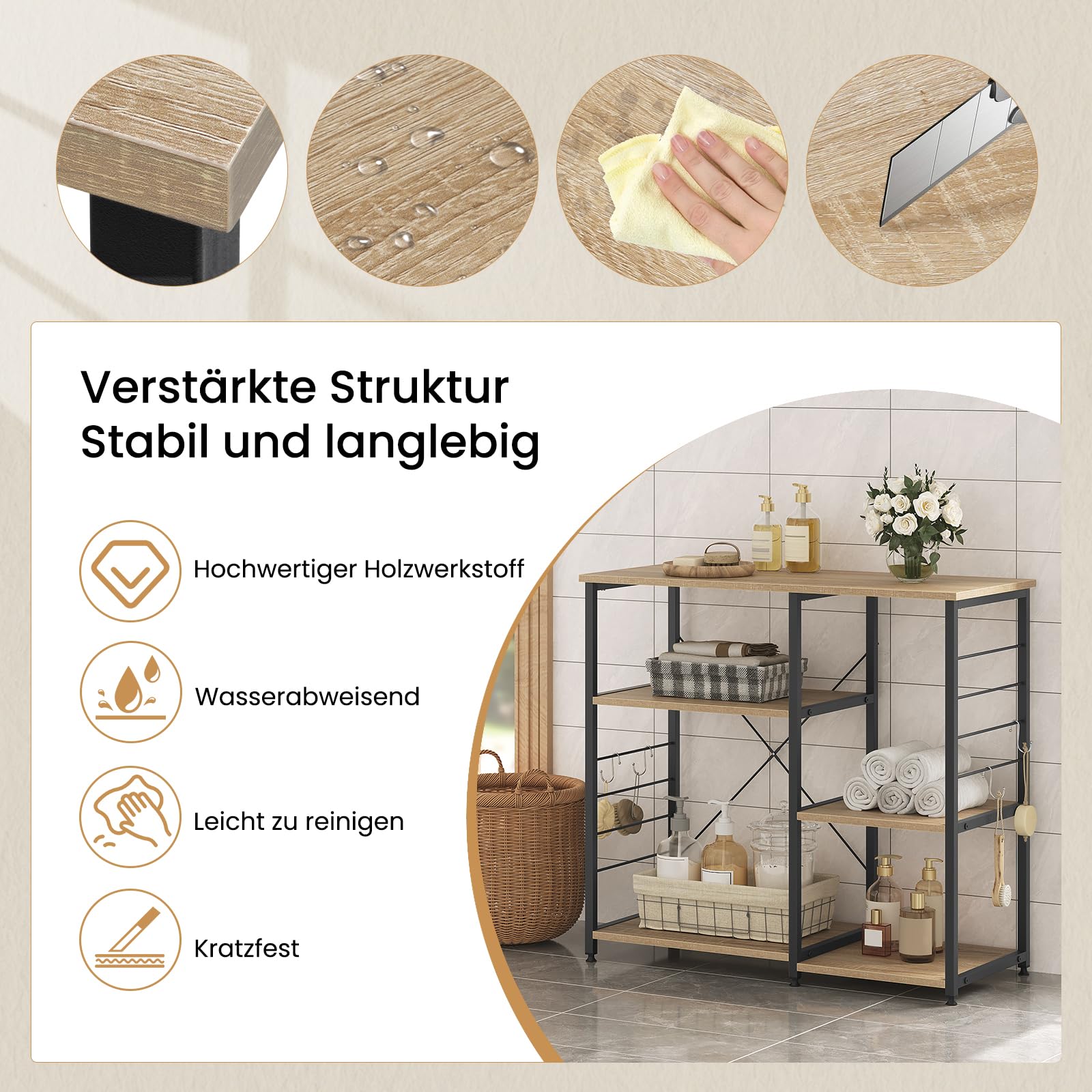 WOLTU Küchenregal mit 5 Ablagen, Standregal mit 4 Haken, Küche Bäckerregale Mikrowellenhalter aus Holz und Stahl, 90 x 40 x 83,5 cm, Schwarz + Hell Eiche