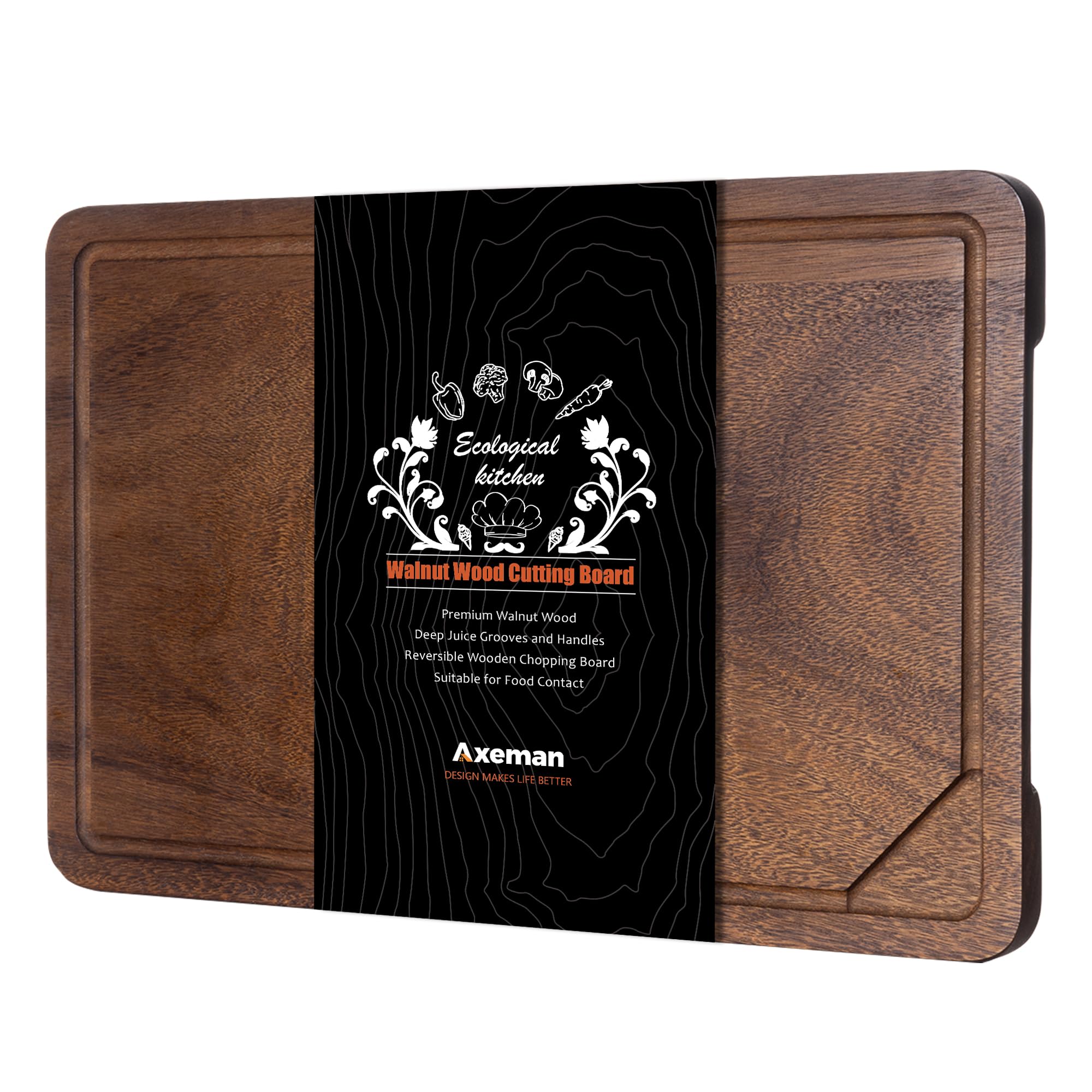 Axeman Walnut Wood Cutting Board with Juice Groove for Kitchen Countertop, Tick American Black-Walnut Wooden Chopping Board Charcuterie Board Butcher Block for Meat Vegetables, 17x11 inch
