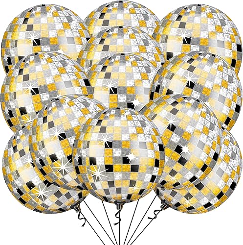 Miniatura 1 de KatchOn, Globos de bola de discoteca enormes de 22 pulgadas, paquete de 12, globos de discoteca negros y dorados para decoraciones de fiesta de