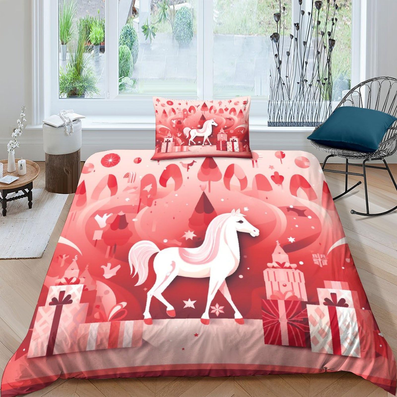 Cartoon Horse Bedding Set For Girls Boys Gift Kids 3D Printed Red Animal Duvet Cover Set With Pillowcases Quilt Cover Soft Bedroom Bedspread Single（135x200cm）